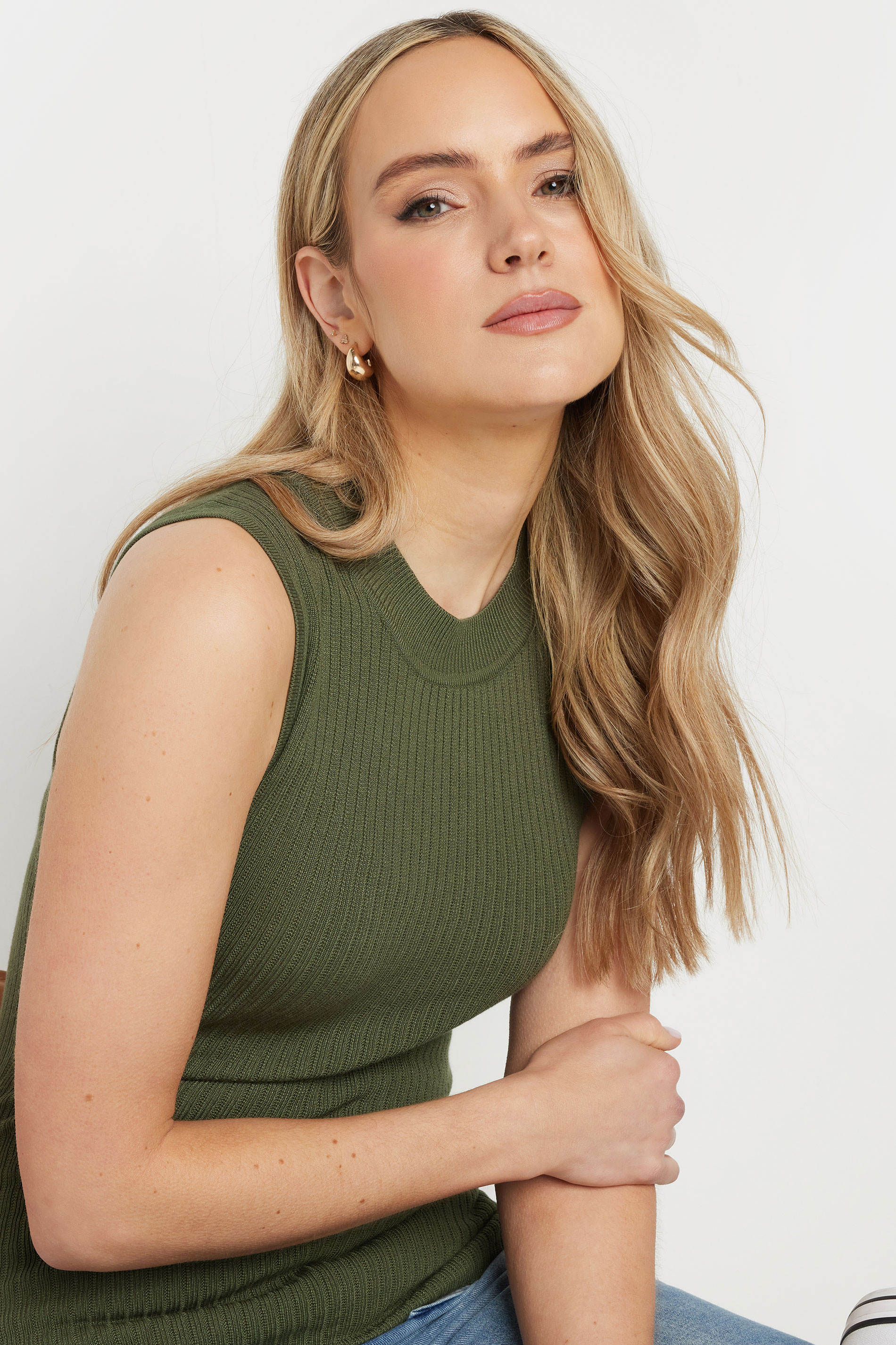 LTS Tall Khaki Green Knitted Ribbed Vest Top | Long Tall Sally 4