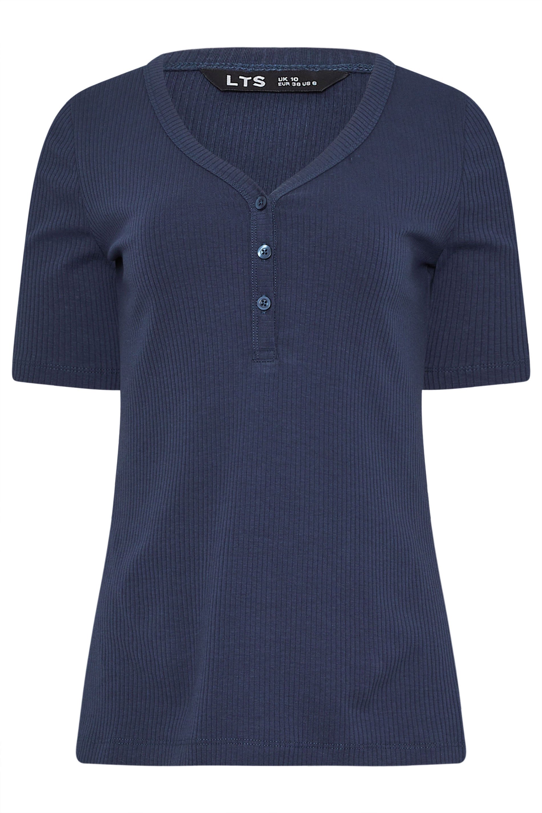 LTS Tall Navy Blue Ribbed Short Sleeve Henley Top | Long Tall Sally 1