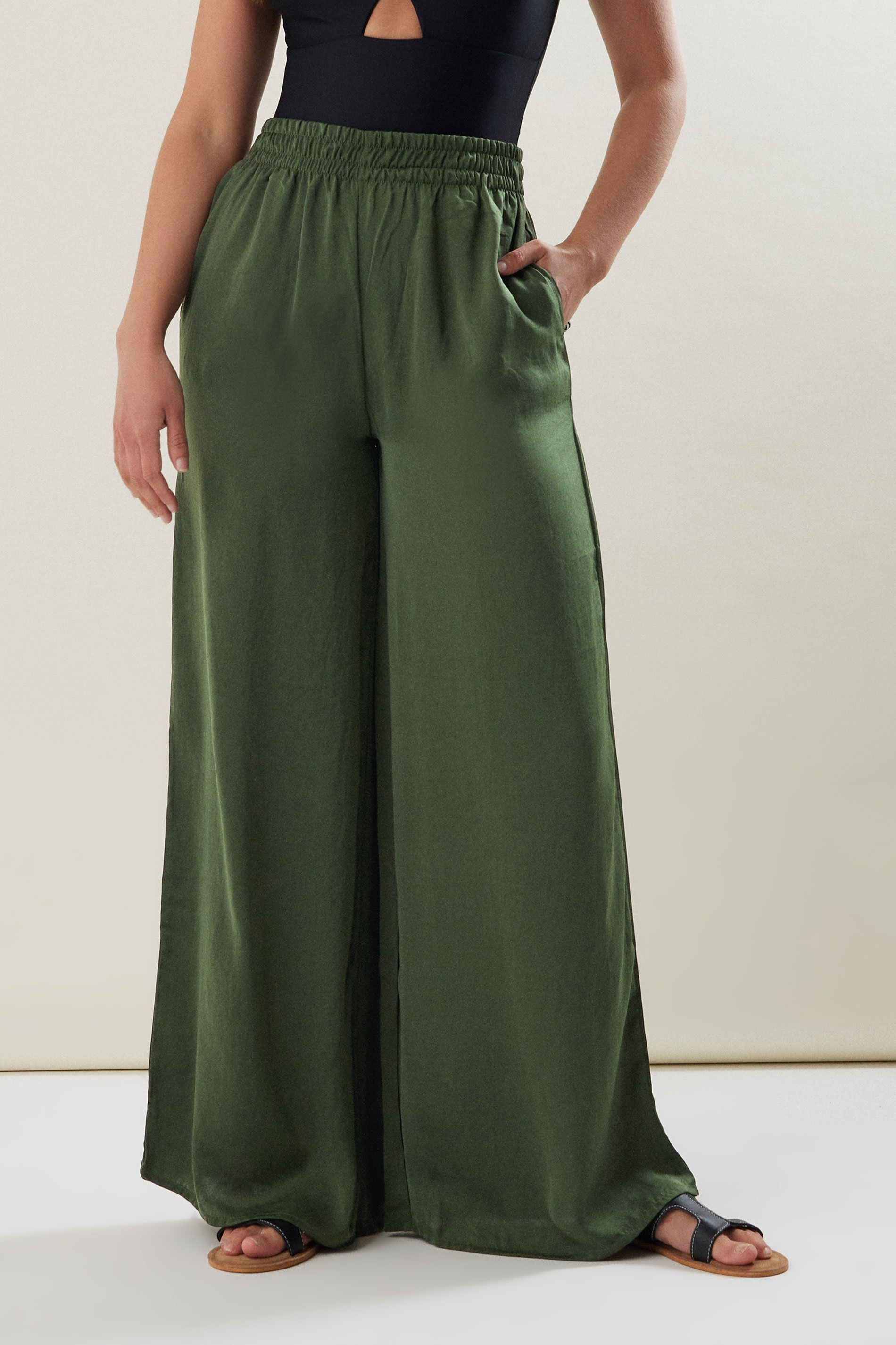 LTS Tall Khaki Green Matt Satin Wide Leg Trousers | Long Tall Sally 2