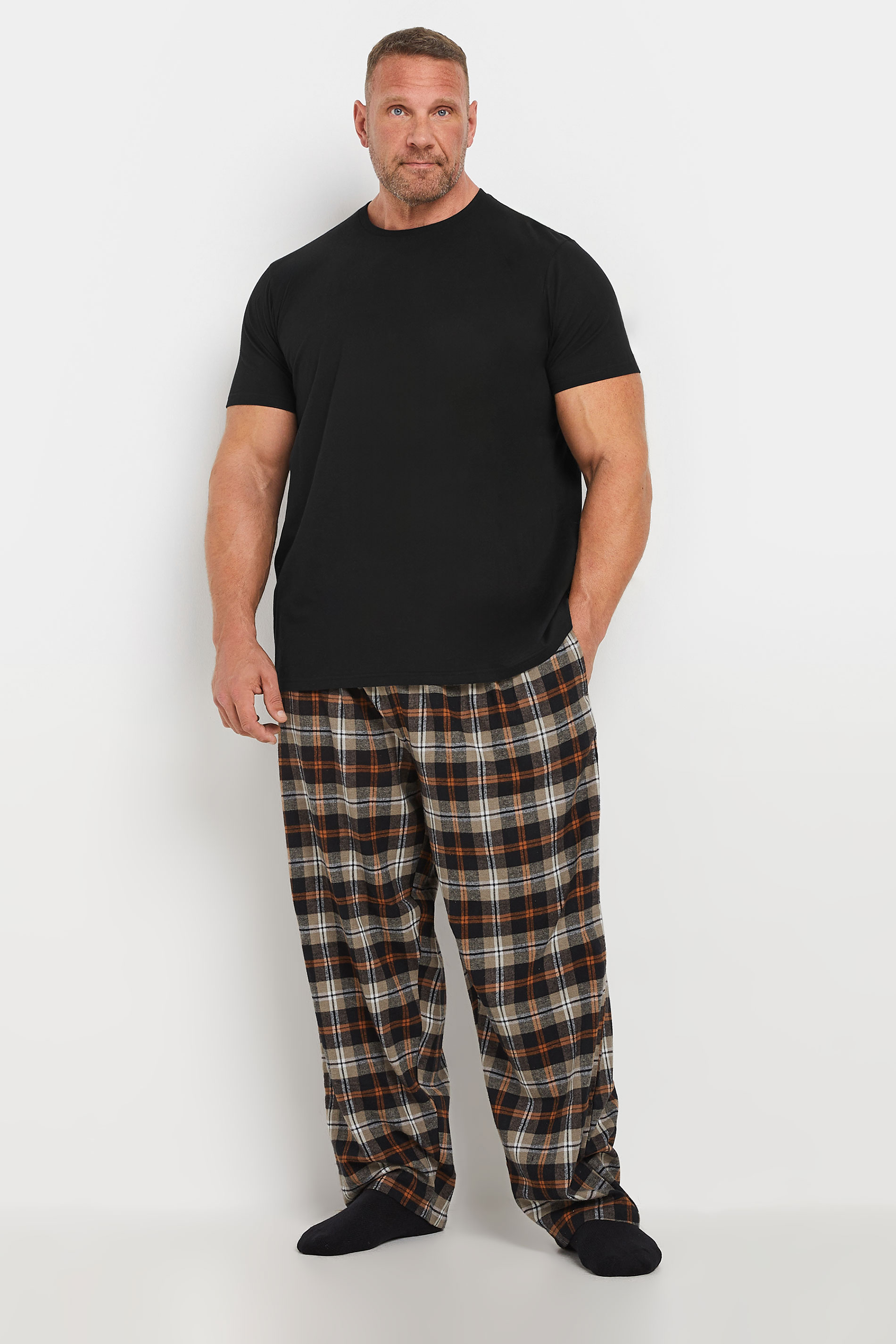 BadRhino Big & Tall Black T-Shirt & Check Trousers Pyjama Set | BadRhino 2
