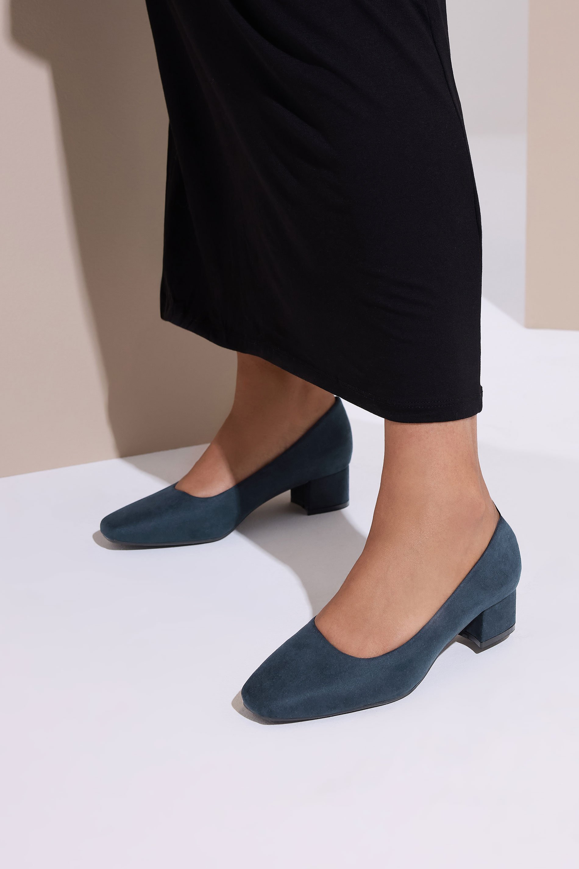 Navy Blue Faux Suede Mid Block Heel Court Shoes In Extra Wide EEE Fit | Yours Clothing 1