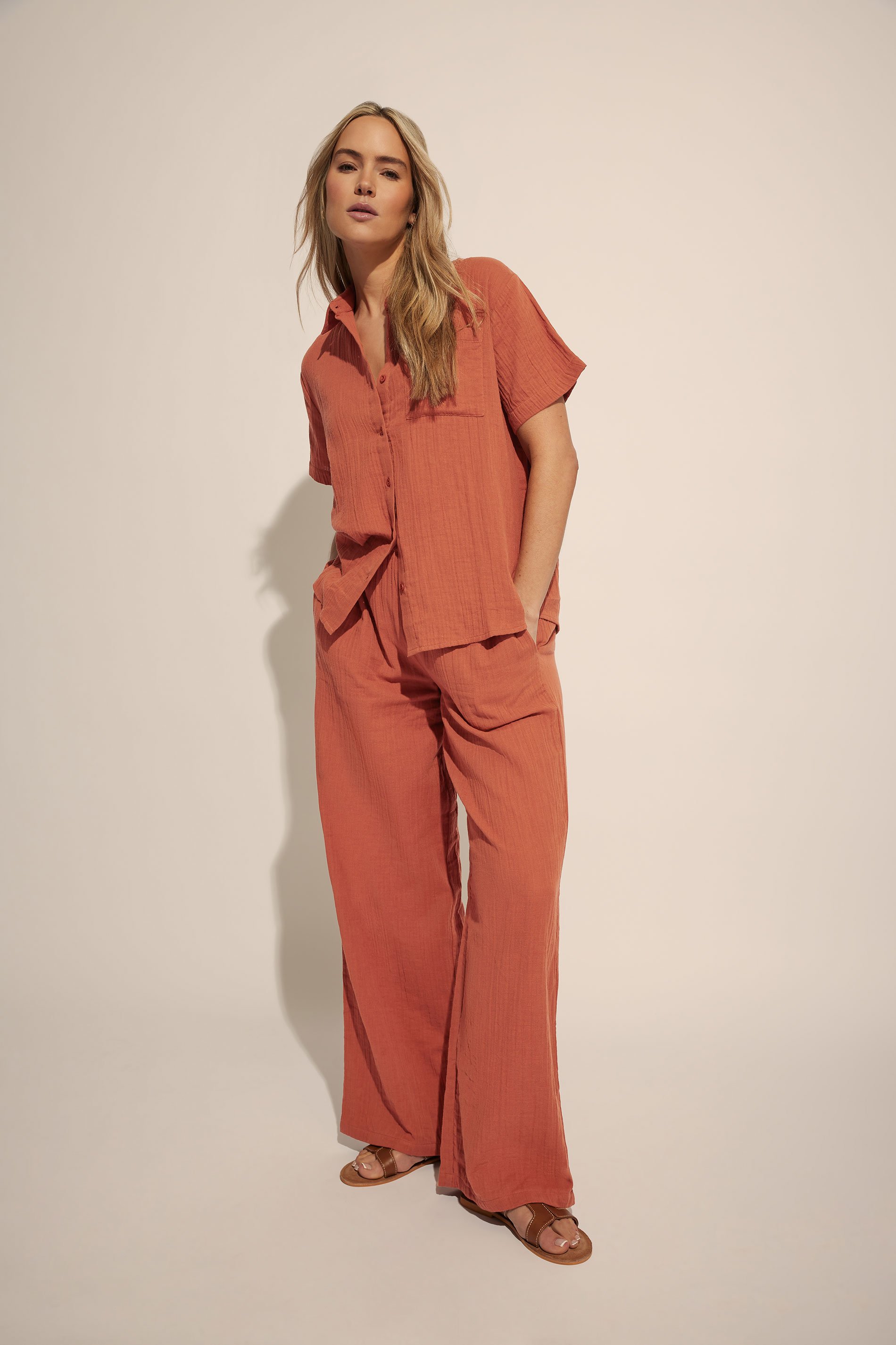 LTS Tall Rust Orange Cotton Cheescloth Wide Leg Trousers | Long Tall Sally 1