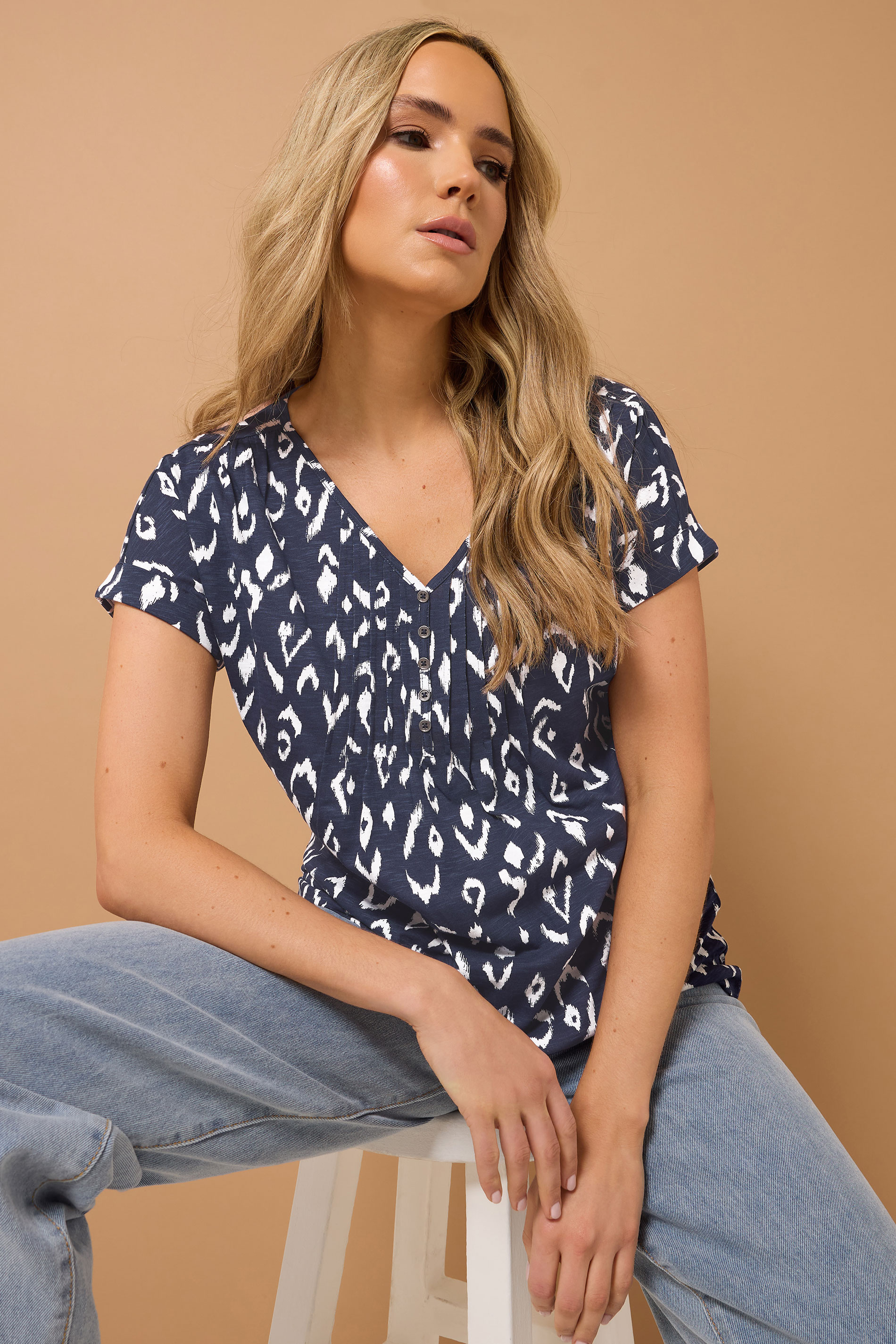 LTS Tall 2 PACK Navy Blue & White Abstract Cotton Henley Tops | Long Tall Sally 2