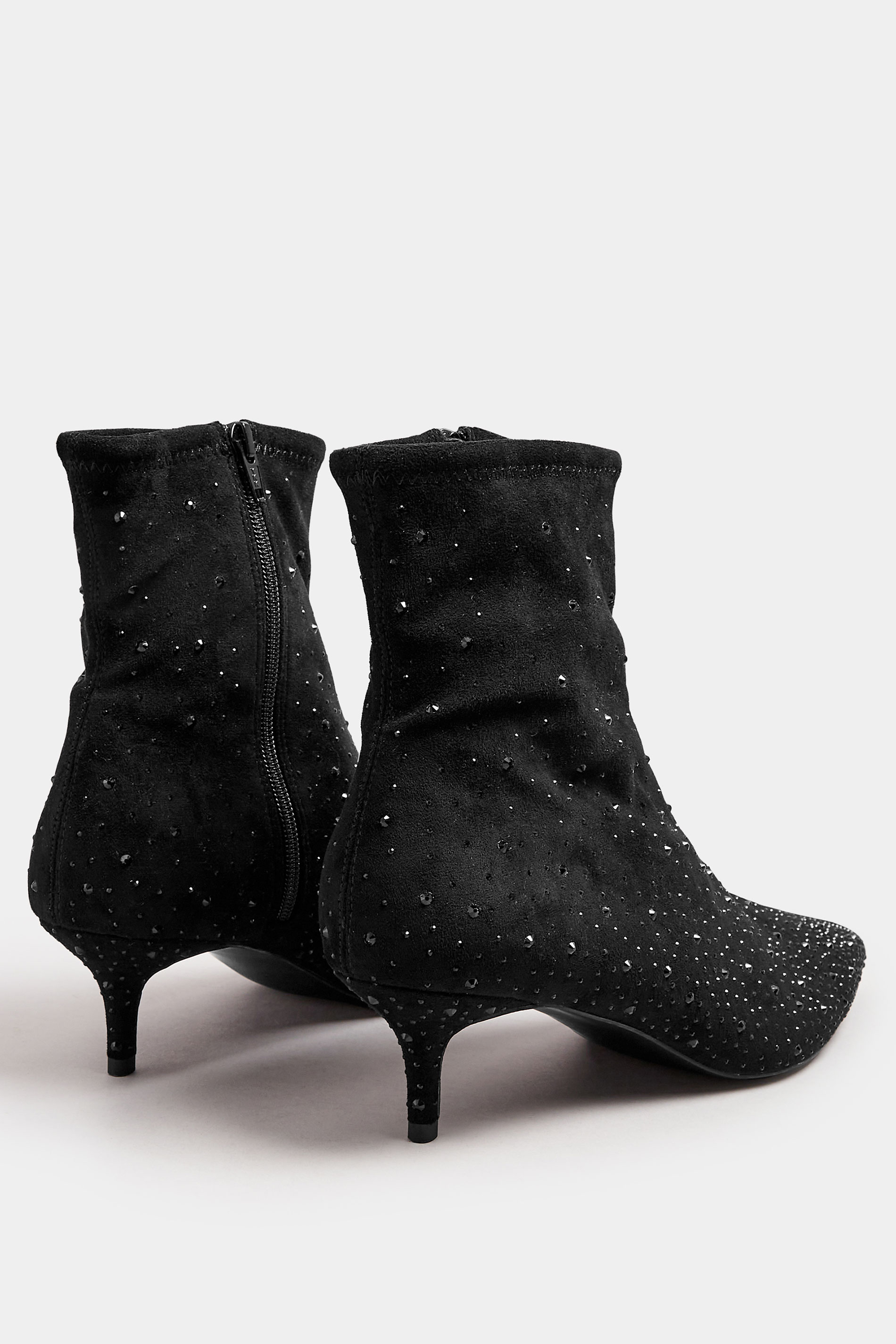 LTS Black Faux Suede Diamante Kitten Heeled Boots In Standard Fit | Long Tall Sally 4