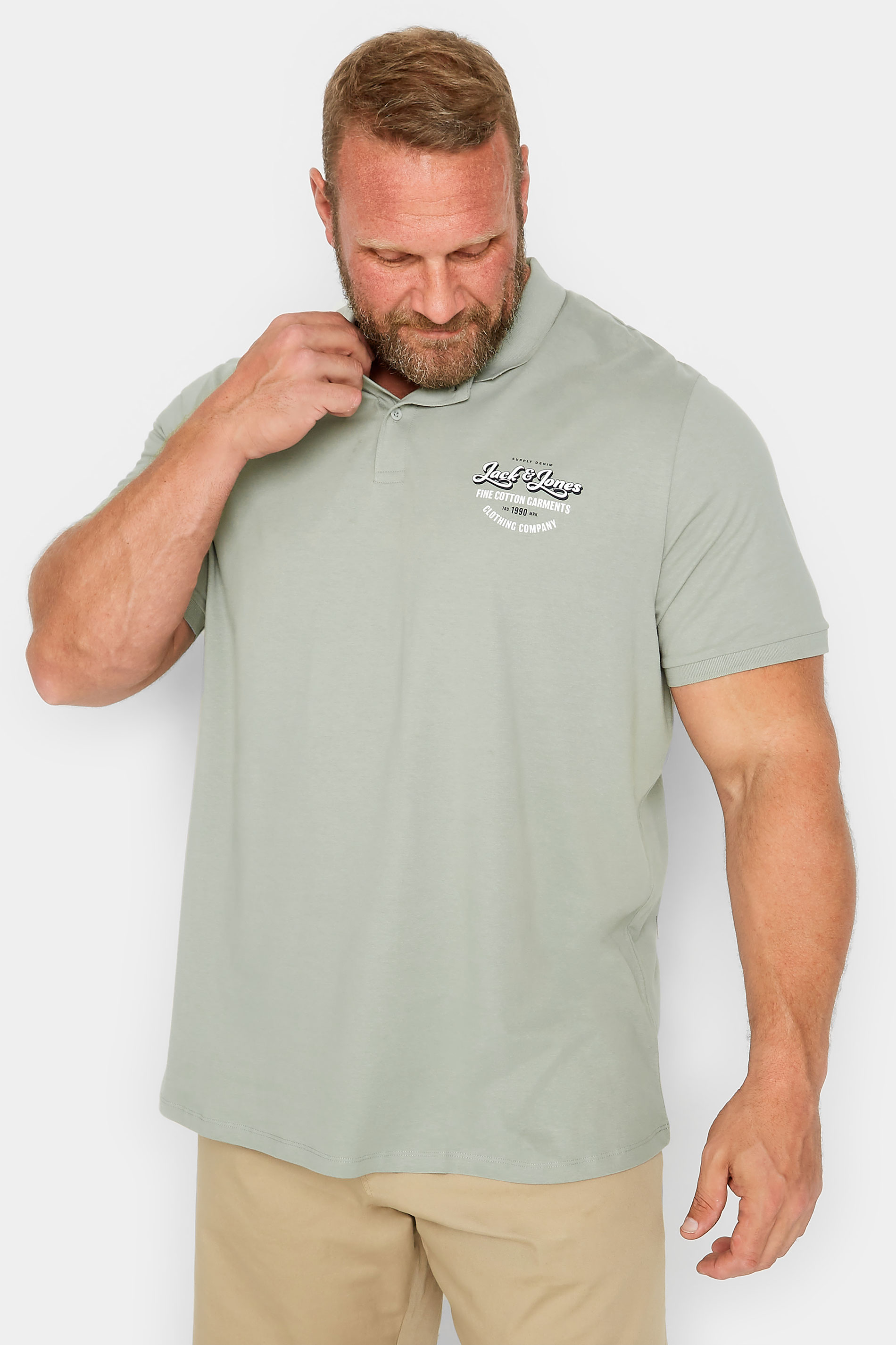 JACK & JONES Plus Size Light Grey Big & Tall Logo Print Polo Shirt | BadRhino  1