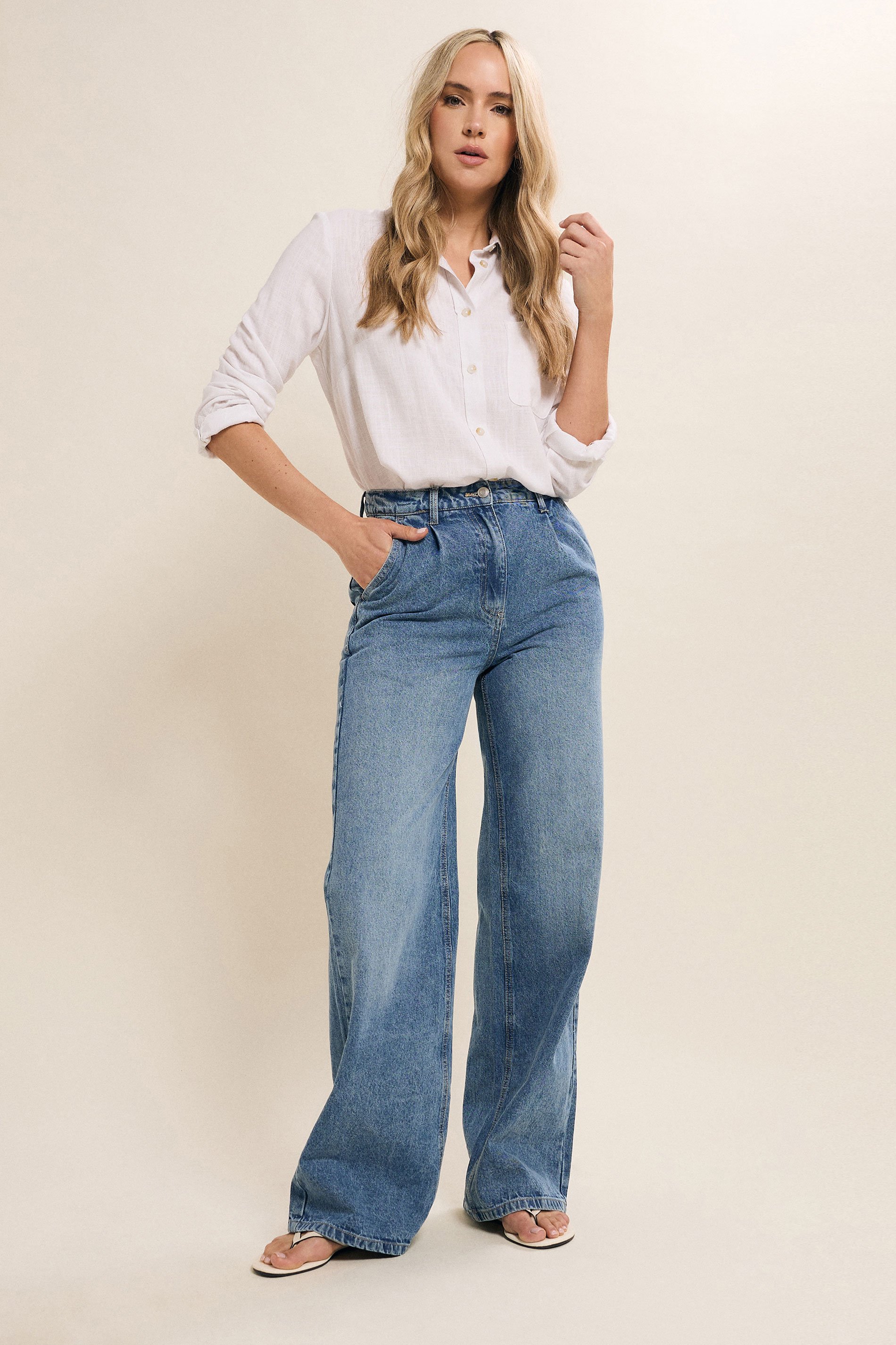 LTS Tall Blue Denim Pleated Wide Leg Jeans | Long Tall Sally 1