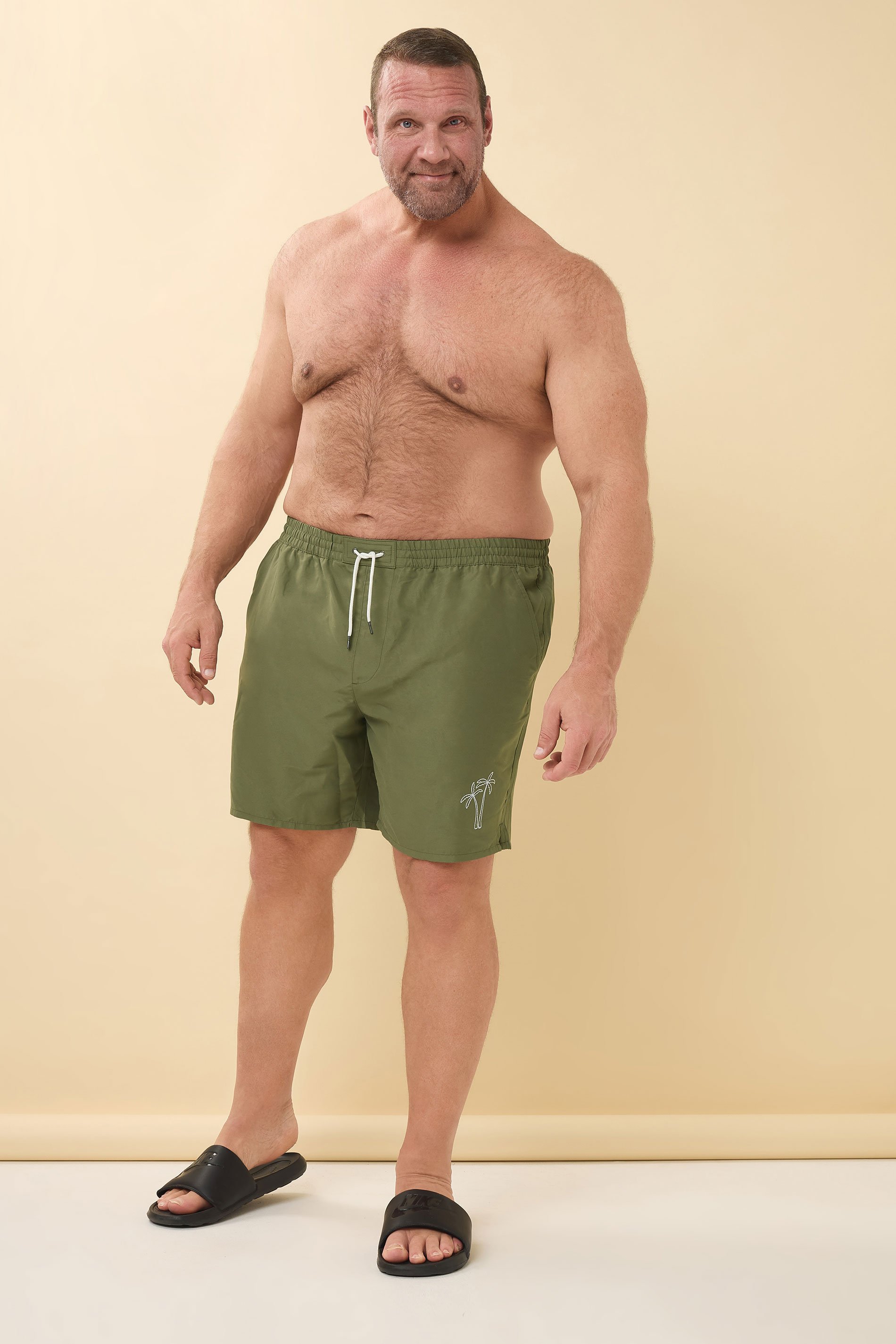 BadRhino Big & Tall Khaki Green Palm Embroidered Swim Shorts |  BadRhino 3