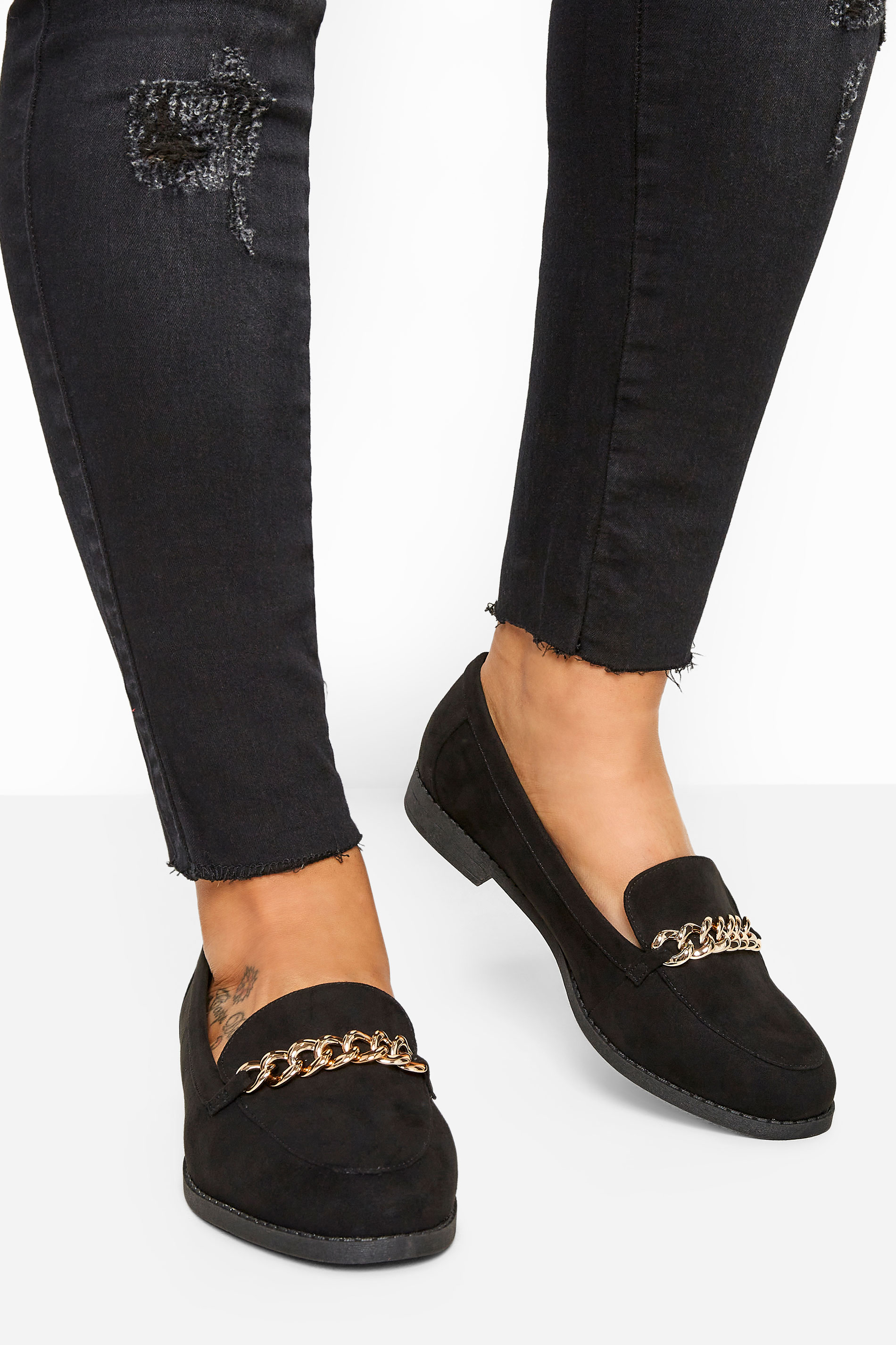 Black Vegan Suede Chain Loafers In Extra Wide Fit | Yours Clothing 1