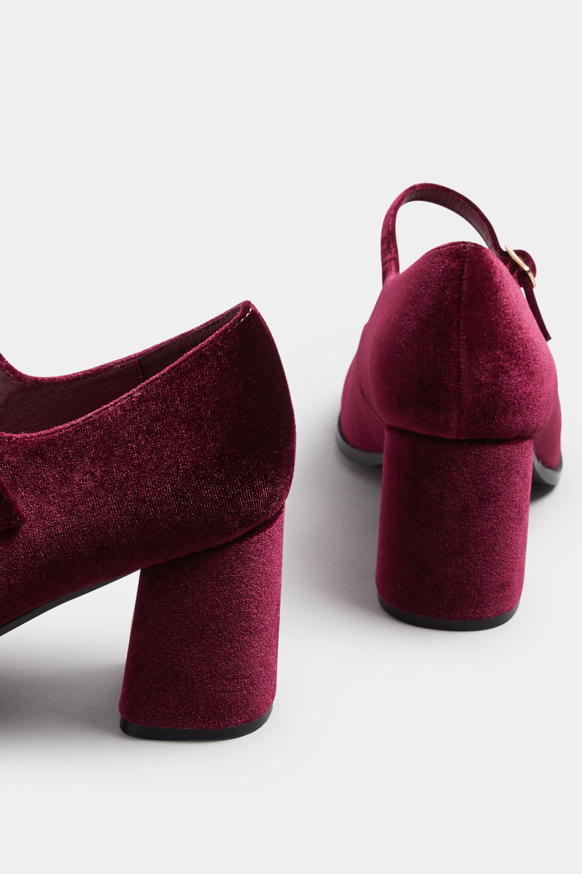 Burgundy Red Velvet Mary Jane Block Heels In Extra Wide EEE Fit | Yours Clothing 4