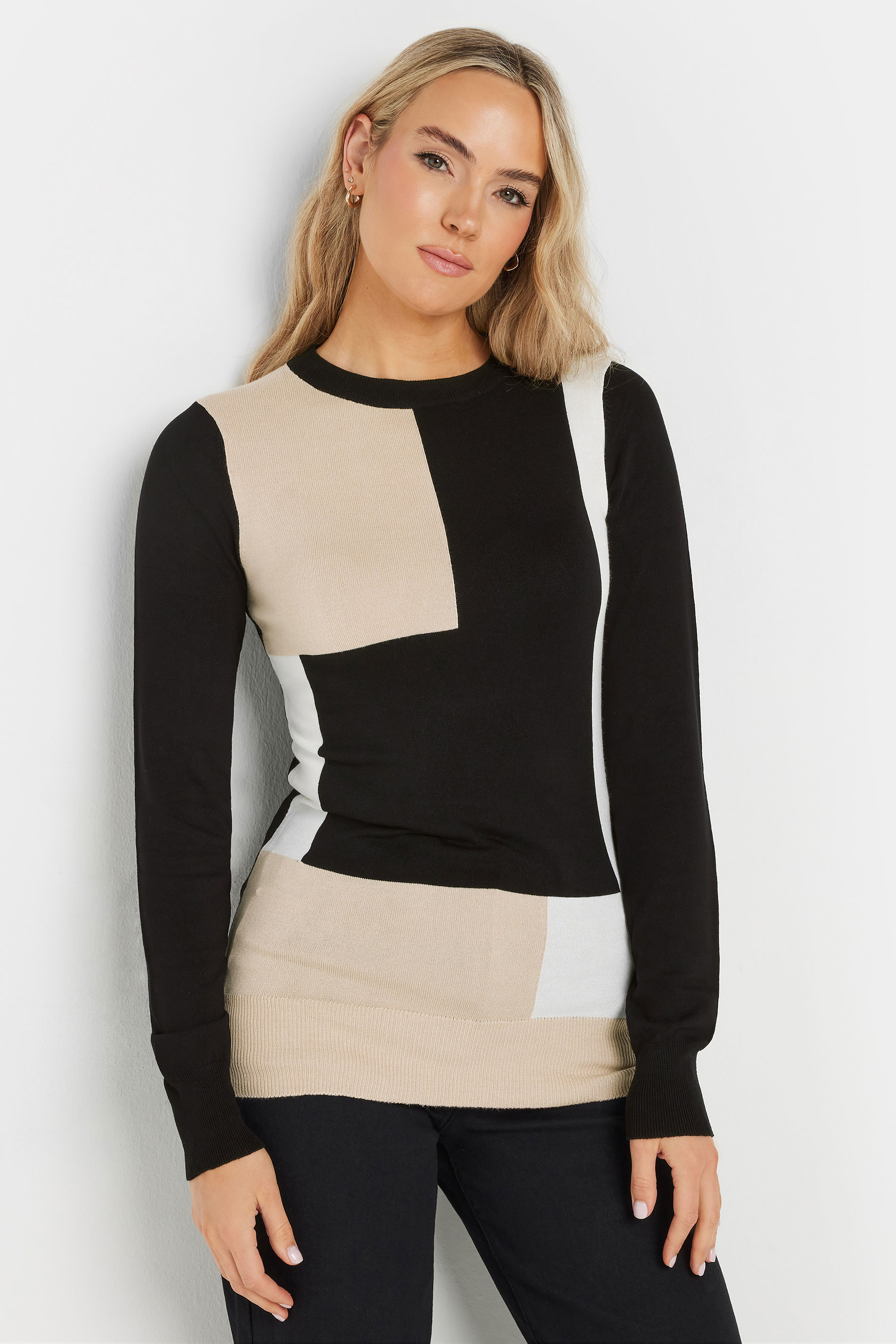LTS Tall Black Fine Knit Colourblock Jumper | Long Tall Sally 2