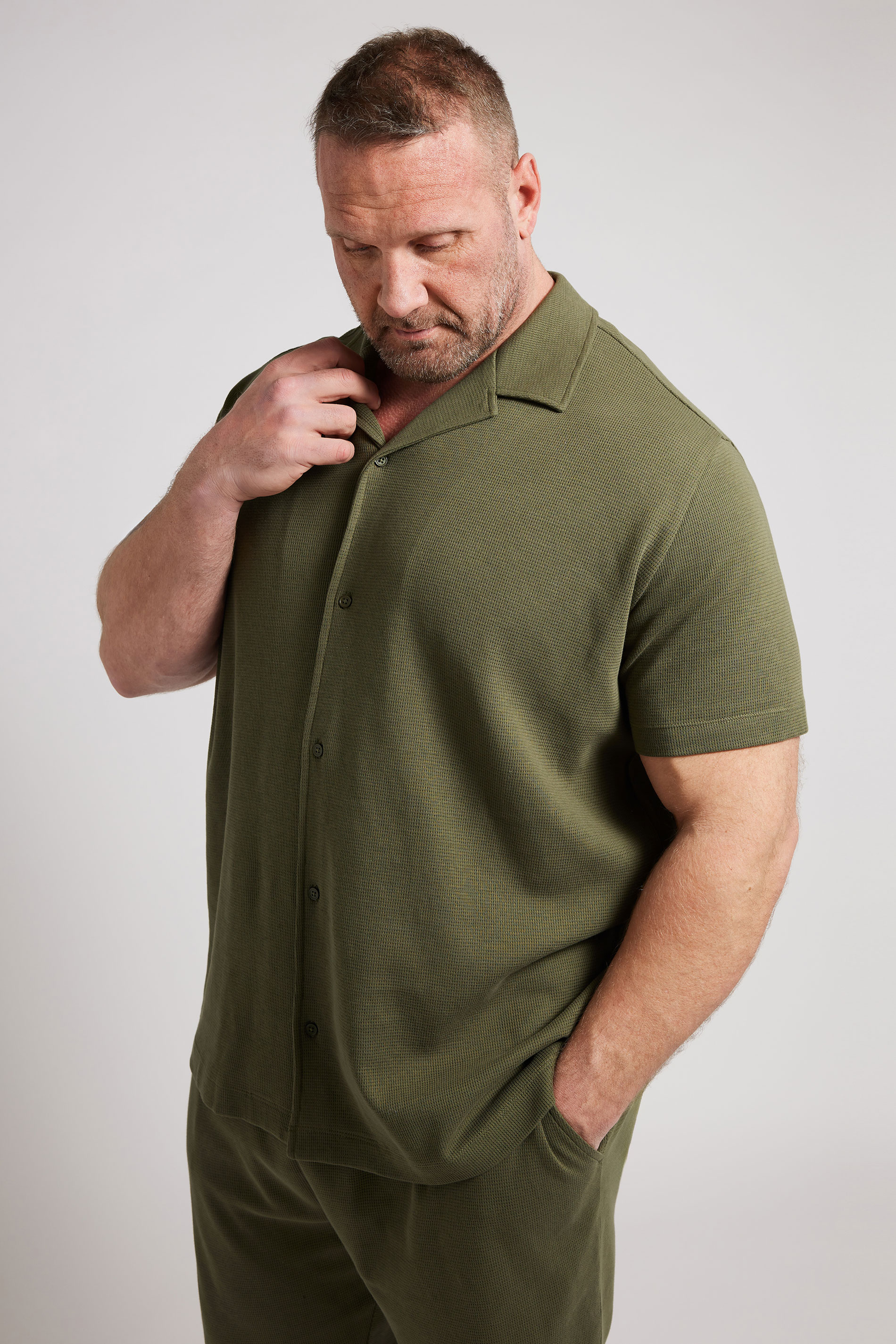 BadRhino Big & Tall Khaki Green Short Sleeve Textured Shirt | BadRhino 2