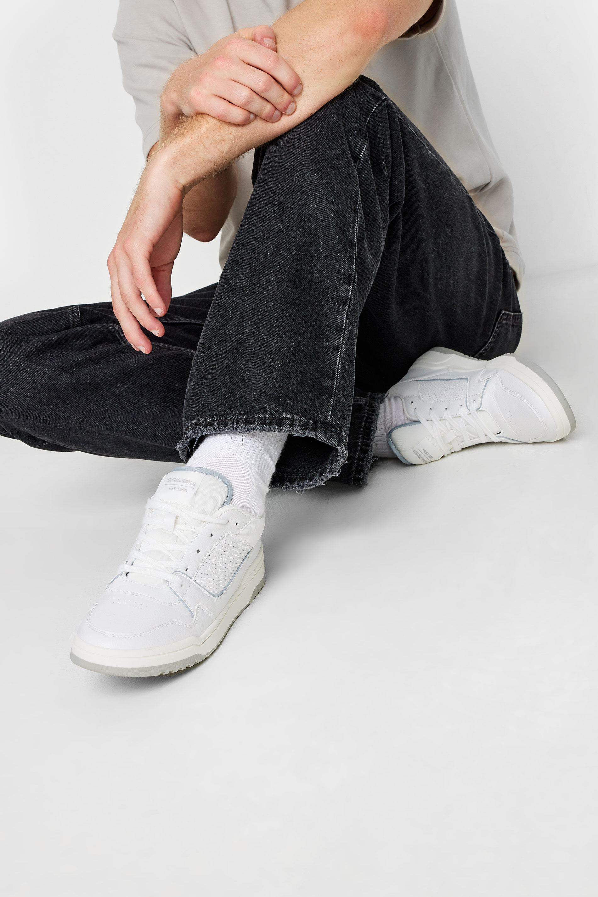 JACK & JONES White & Vapor Blue PU Trainers | BadRhino 1