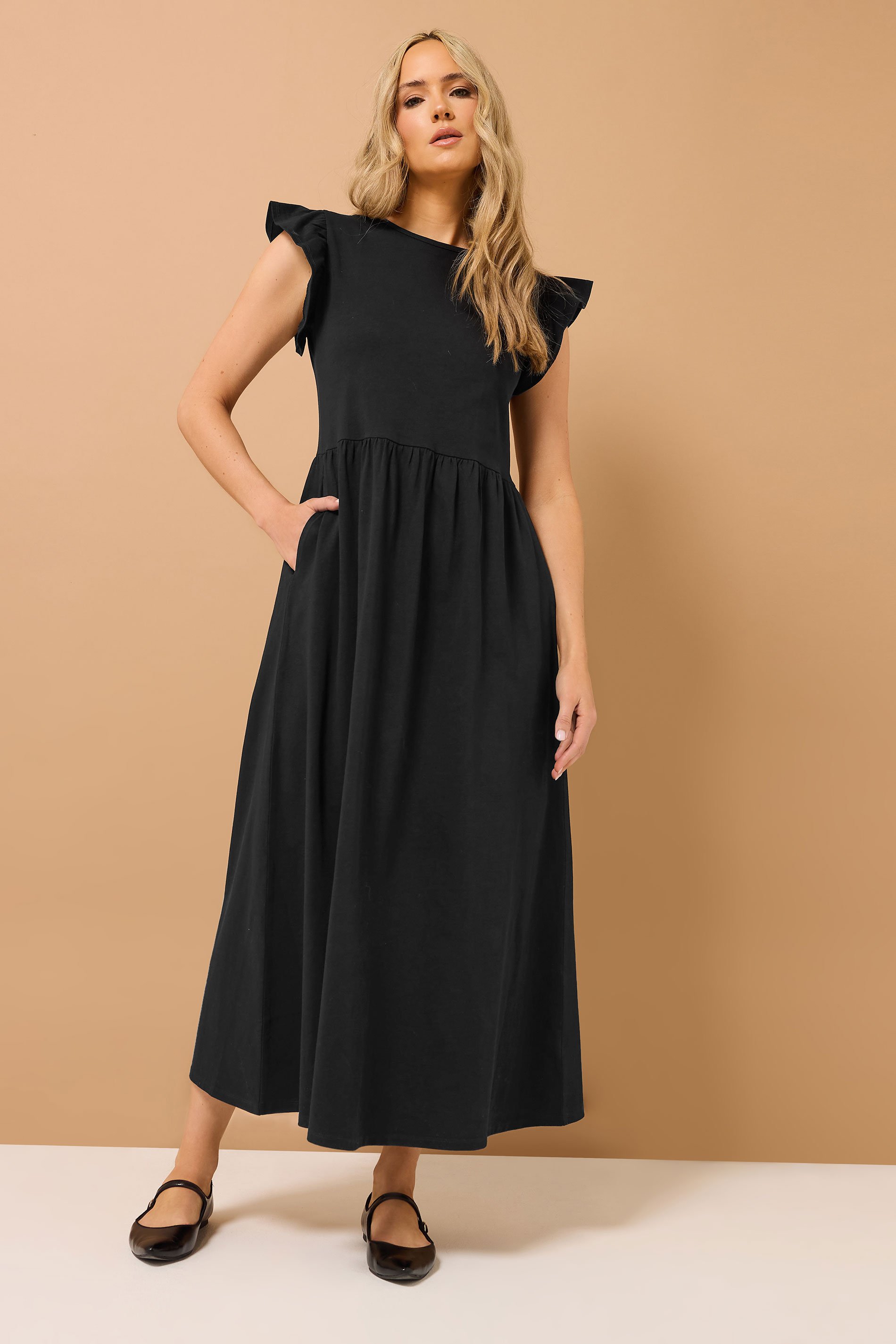 LTS Tall Black Frill Sleeve Maxi Dress | Long Tall Sally 1