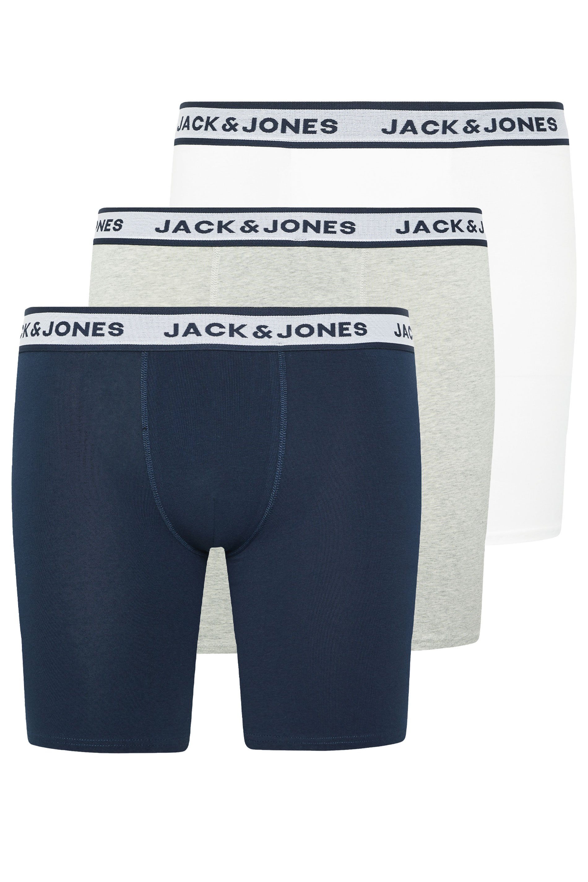 JACK & JONES Big & Tall 3 Pack White/Grey/Navy Blue Boxers | BadRhino 1