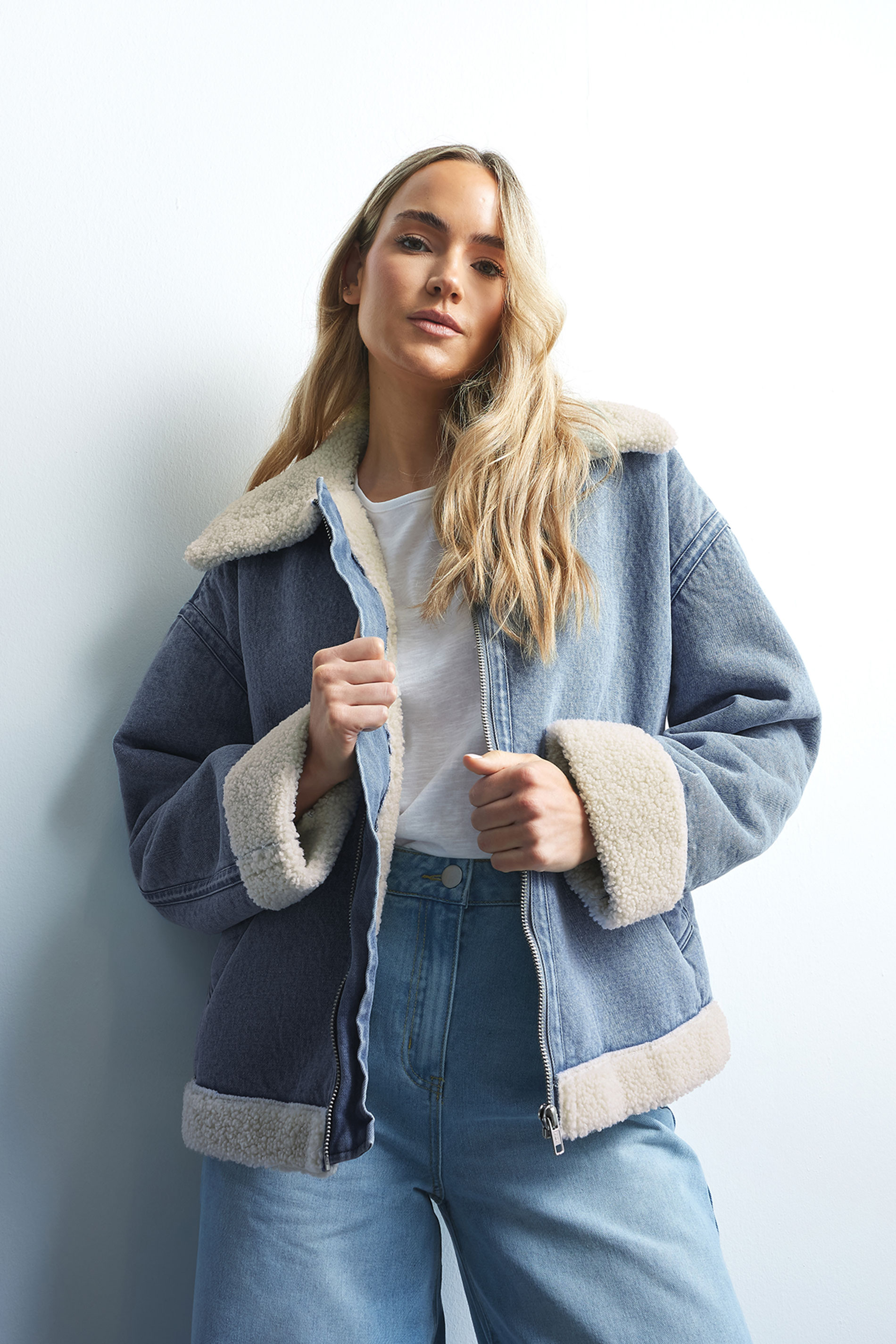 LTS Tall Light Blue Denim Borg Zip Jacket | Long Tall Sally 1