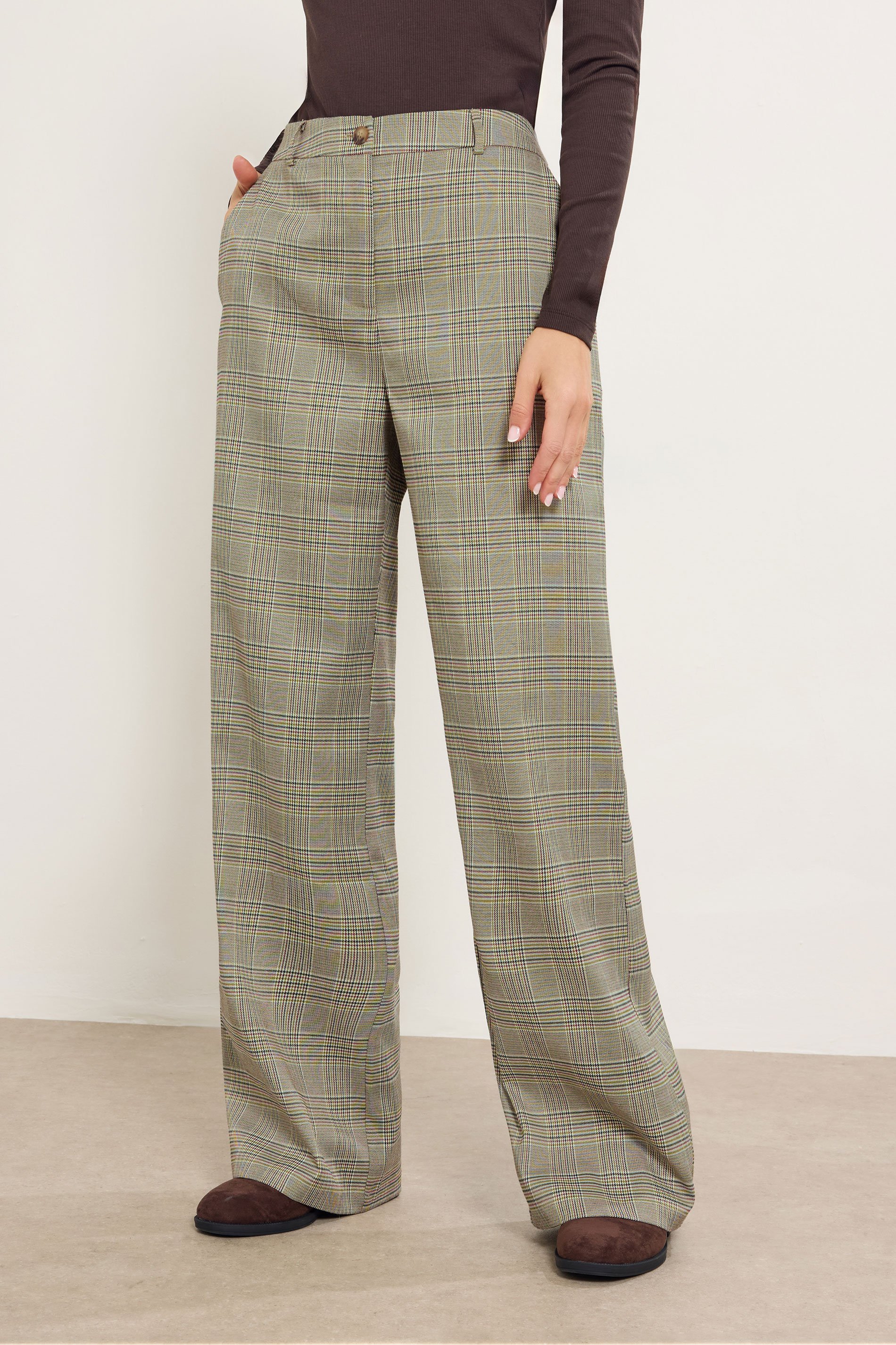 LTS Tall Beige Brown Check Wide Leg Trousers | Long Tall Sally 3