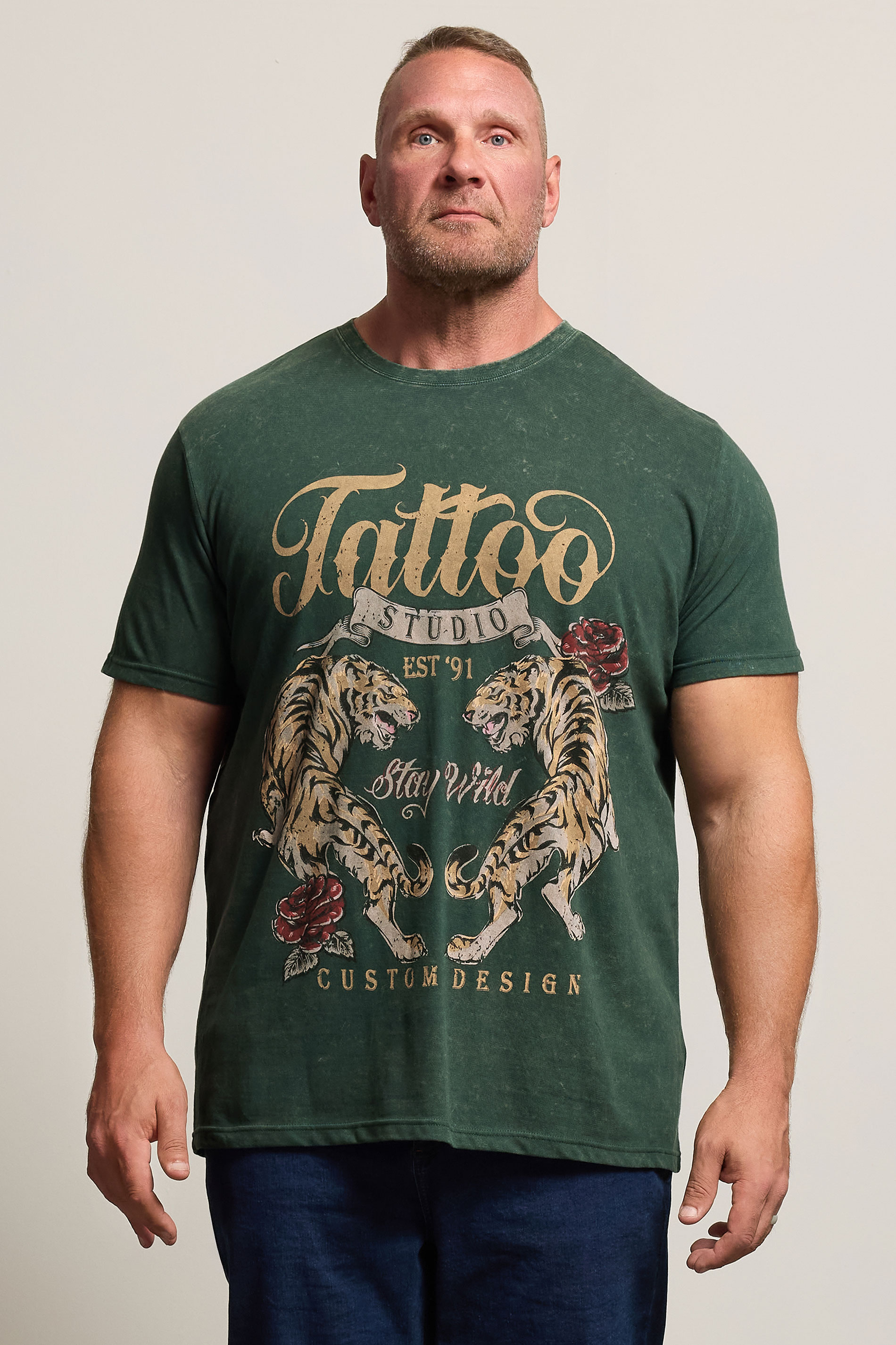 BadRhino Big & Tall Green Acid Wash Tattoo Tiger Graphic T-Shirt | BadRhino 1