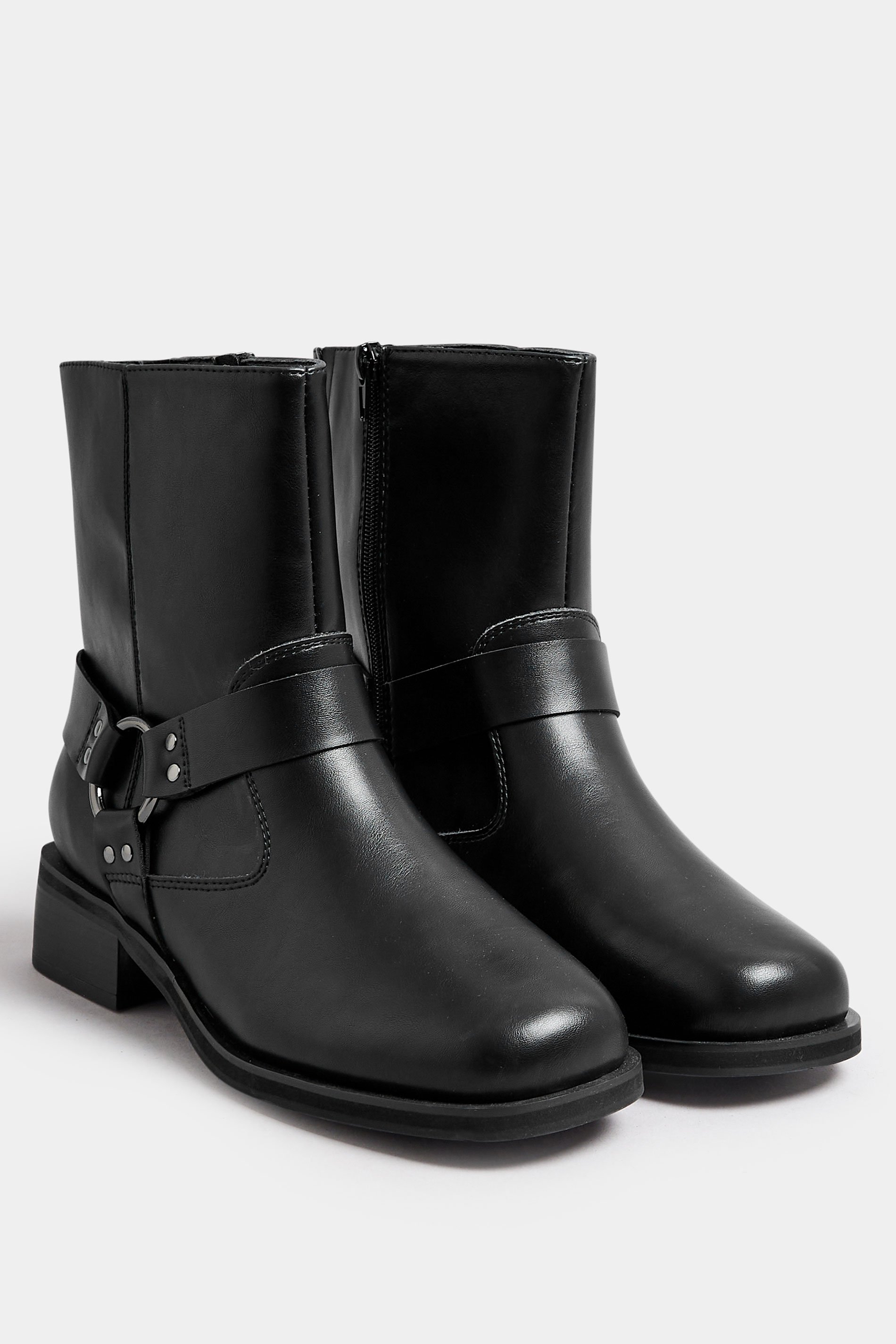 Black Square Toe Biker Boots In Extra Wide EEE Fit | Yours Clothing 2