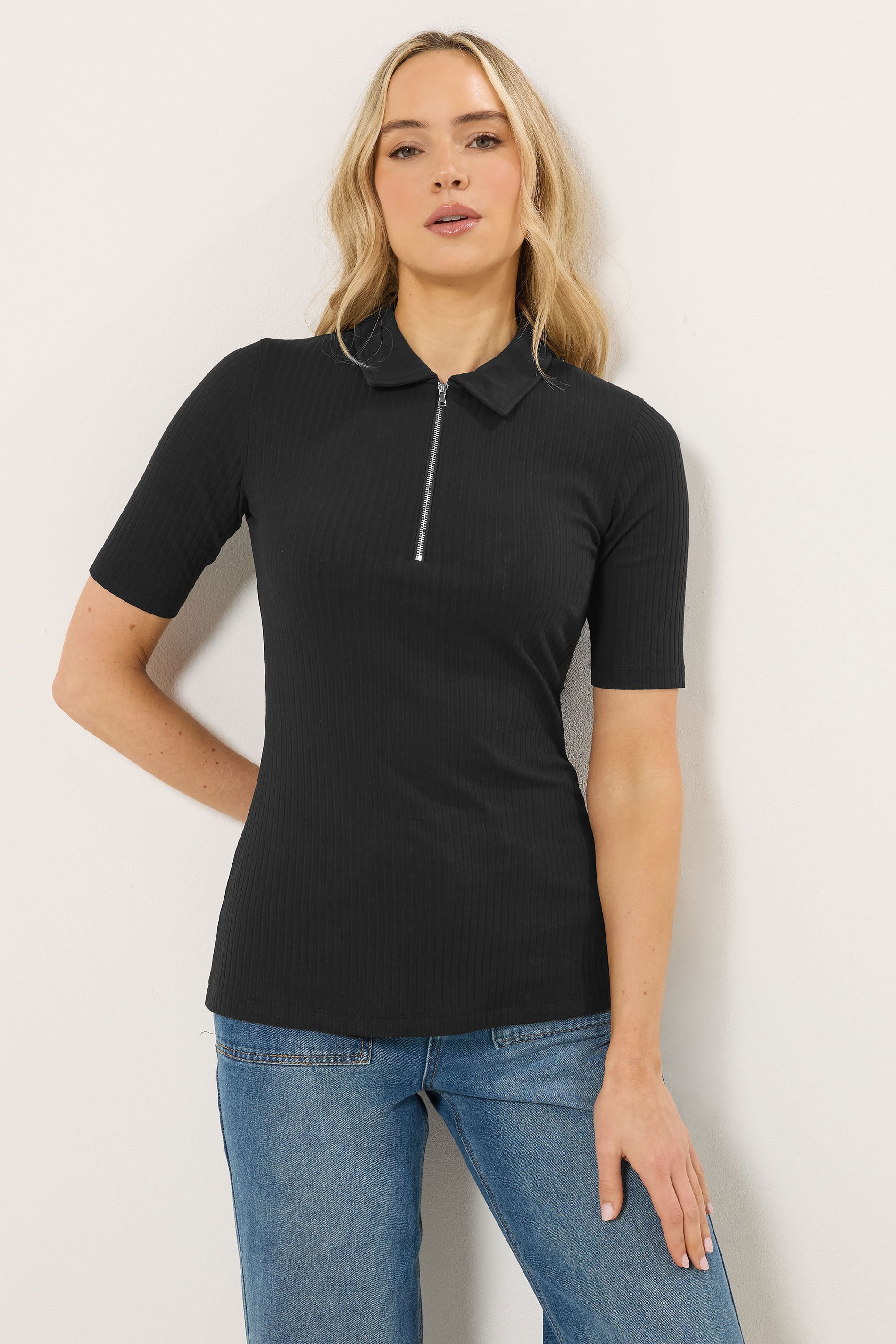 LTS Tall Black Half Zip Ribbed Collared Top | Long Tall Sally 1