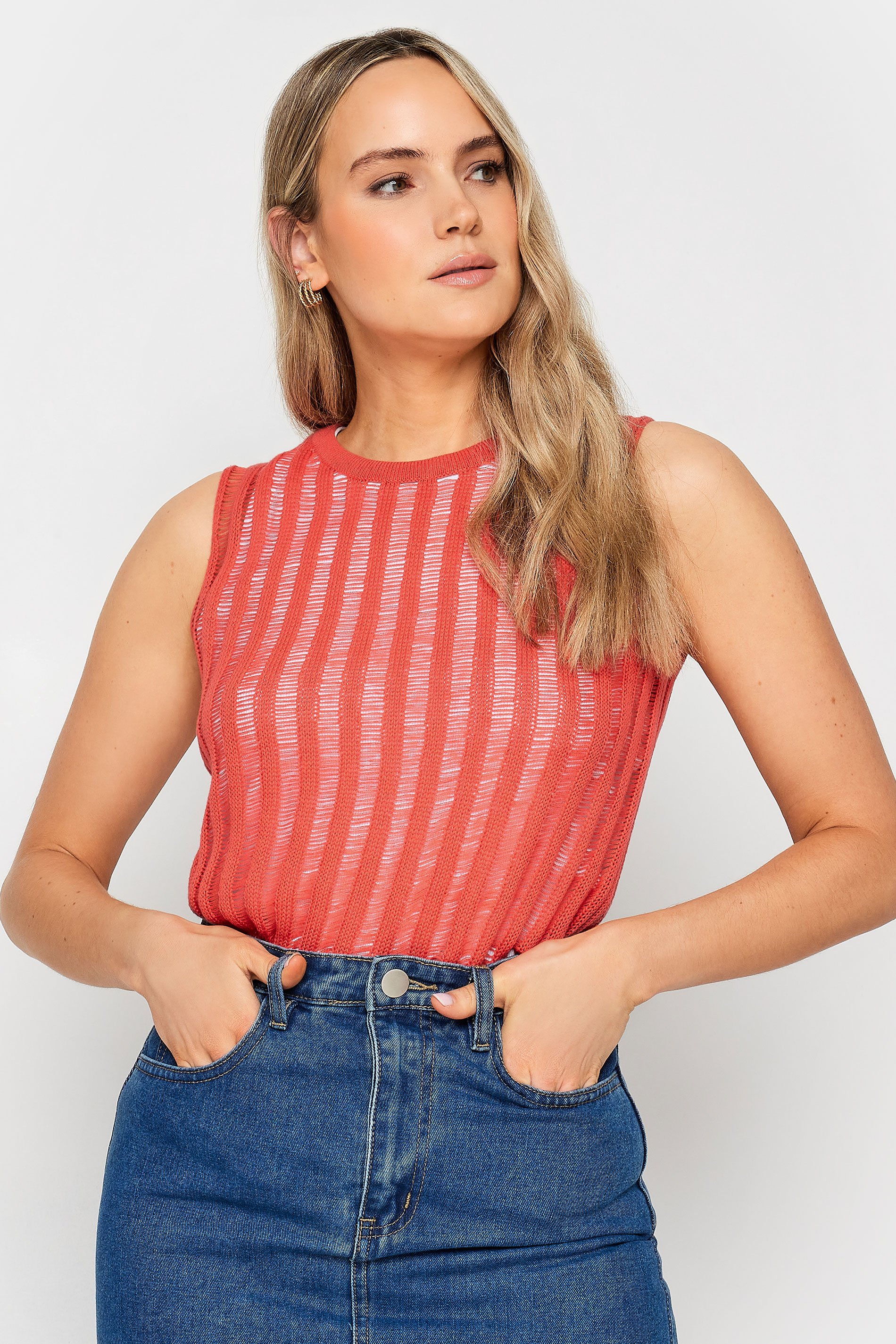 LTS Tall Women's Coral Orange Crochet Vest Top | Long Tall Sally 5