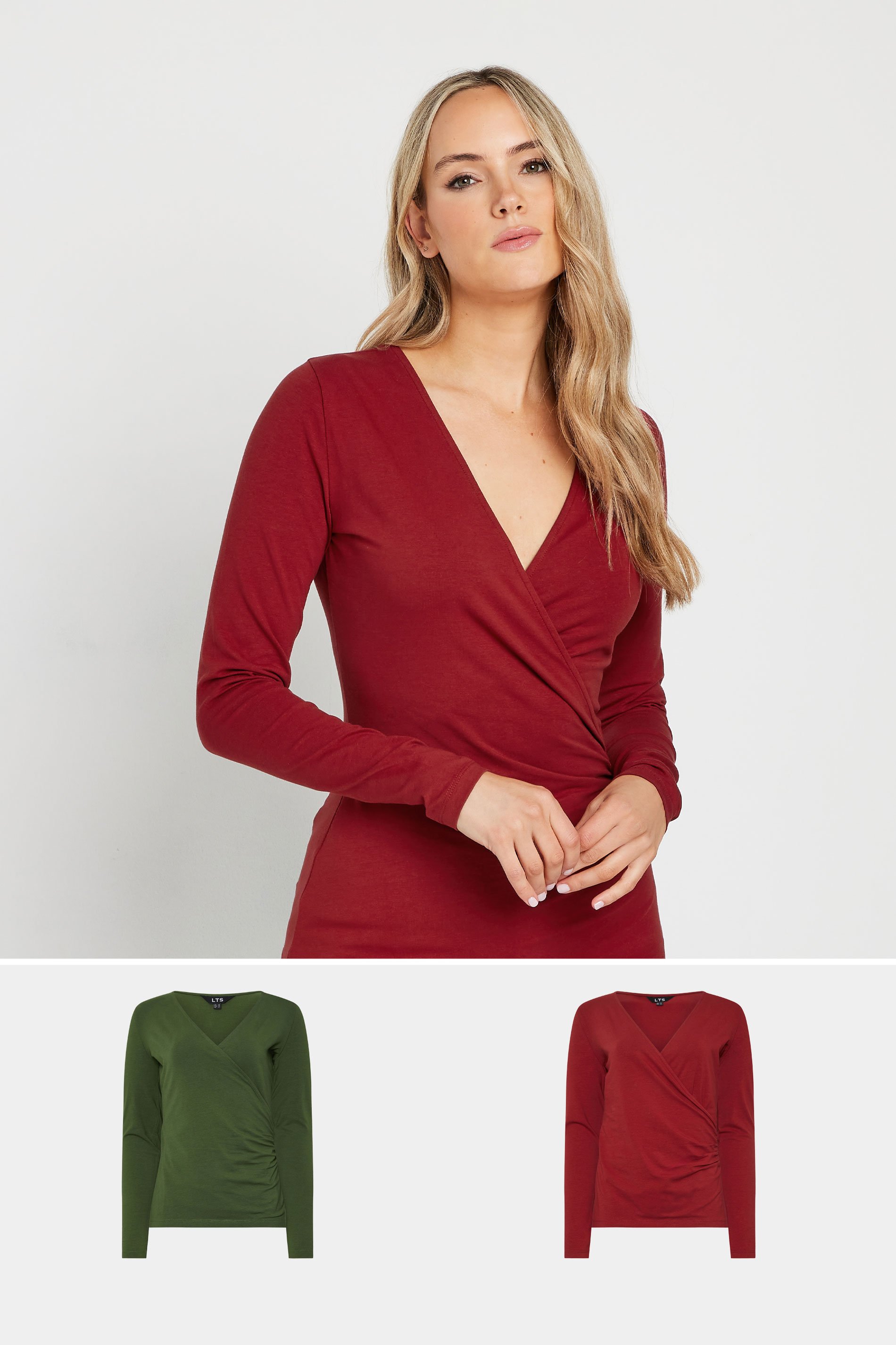 LTS Tall 2 PACK Khaki Green & Red Wrap Tops | Long Tall Sally 1