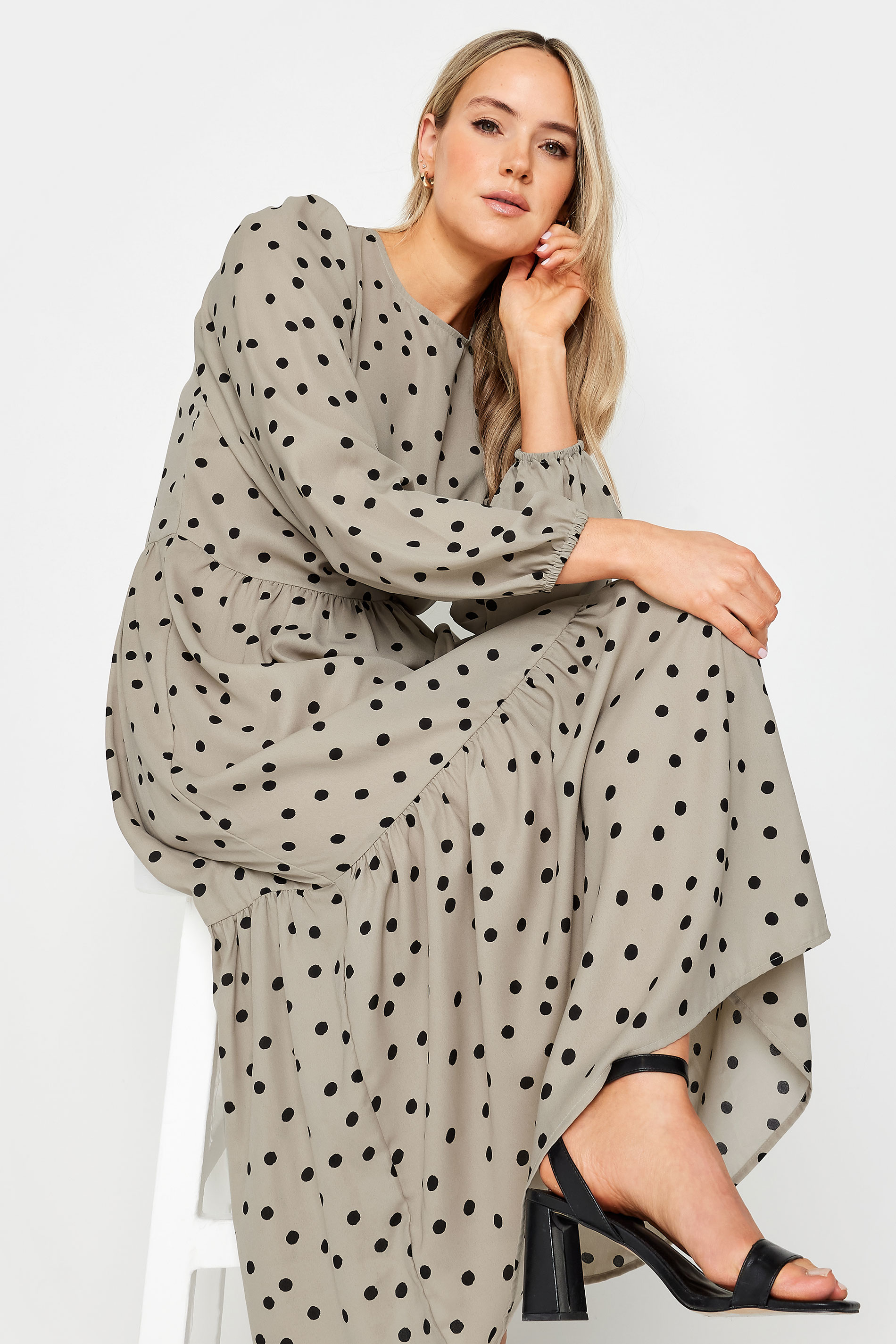LTS Tall Womens Beige Brown Spot Print Tiered Midi Dress | Long Tall Sally 4