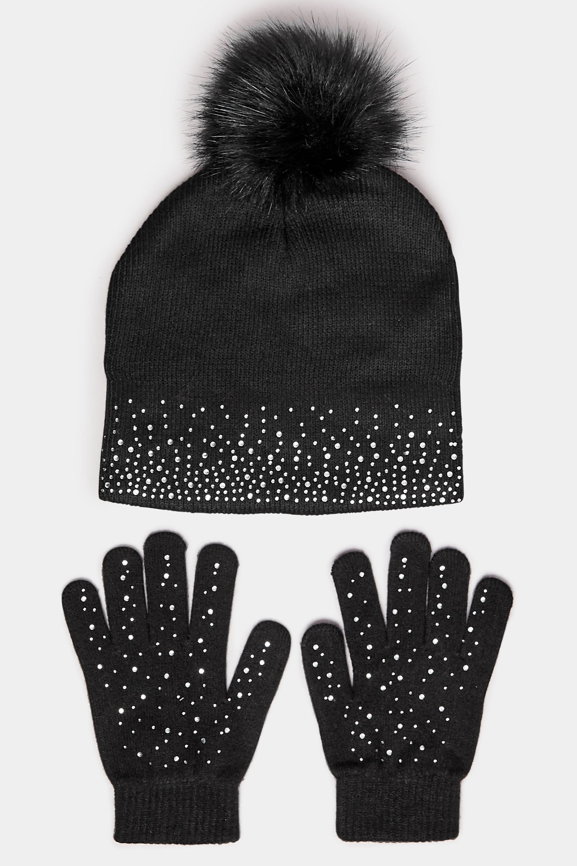 Black Diamante Embellished Bobble Hat & Glove Set | Yours Clothing 2