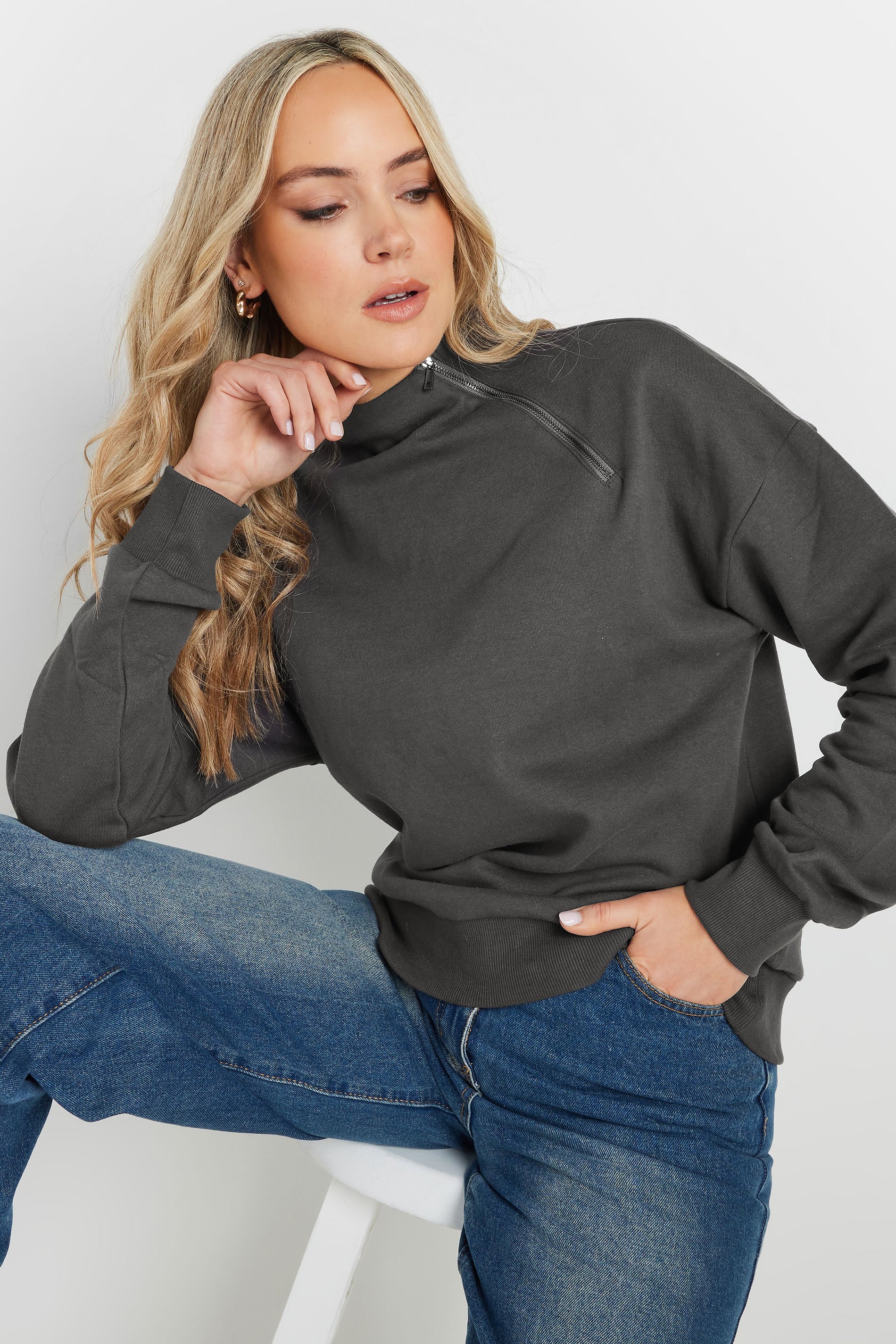 LTS Tall Charcoal Grey High Zip Neck Sweatshirt | Long Tall Sally 3