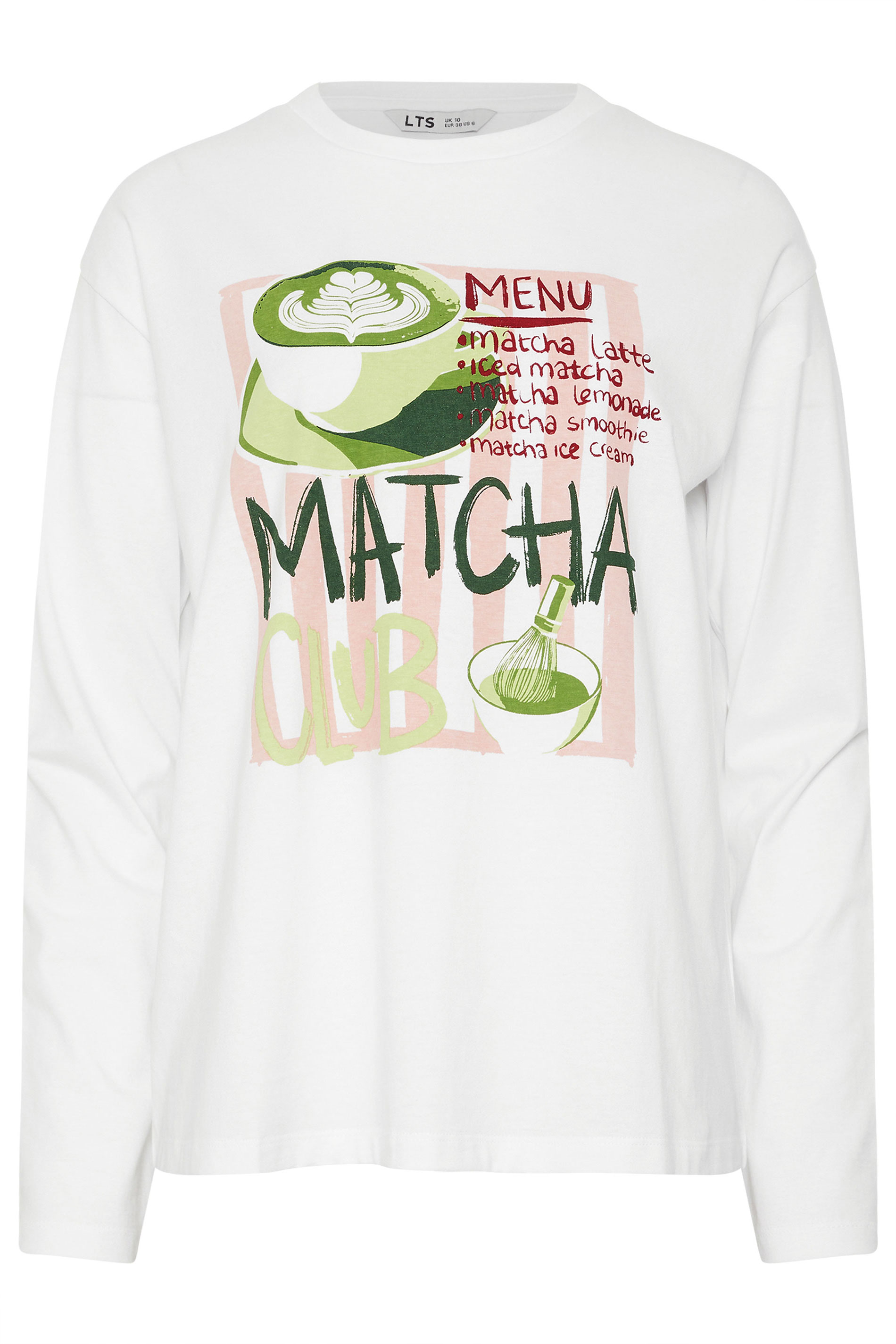 LTS Tall White 'Matcha Club' Slogan Long Sleeve T-Shirt | Long Tall Sally 1