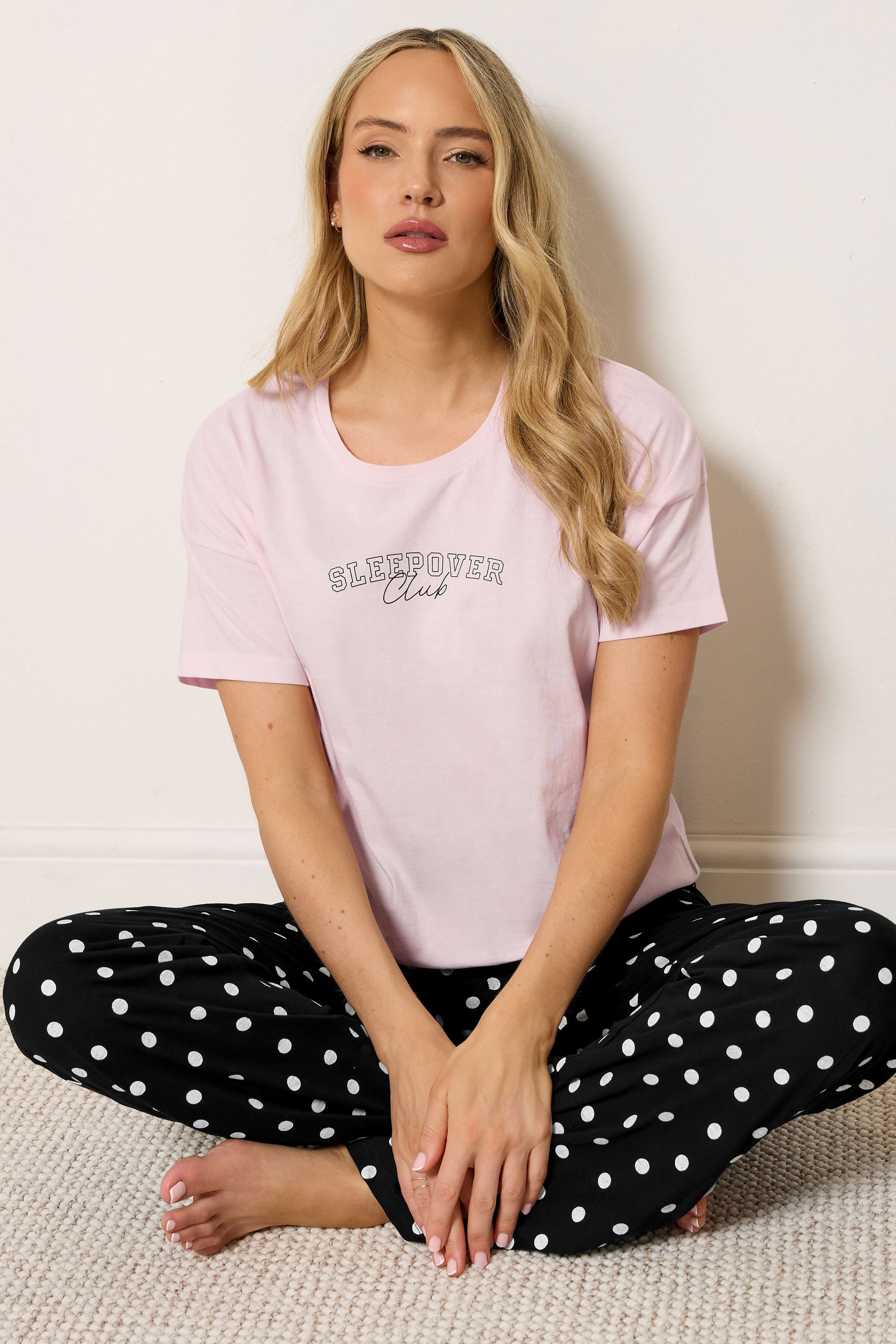 LTS Tall Women's Pink 'Sleepover Club' Slogan Cotton Wide Leg Pyjama Set | Long Tall Sally 1
