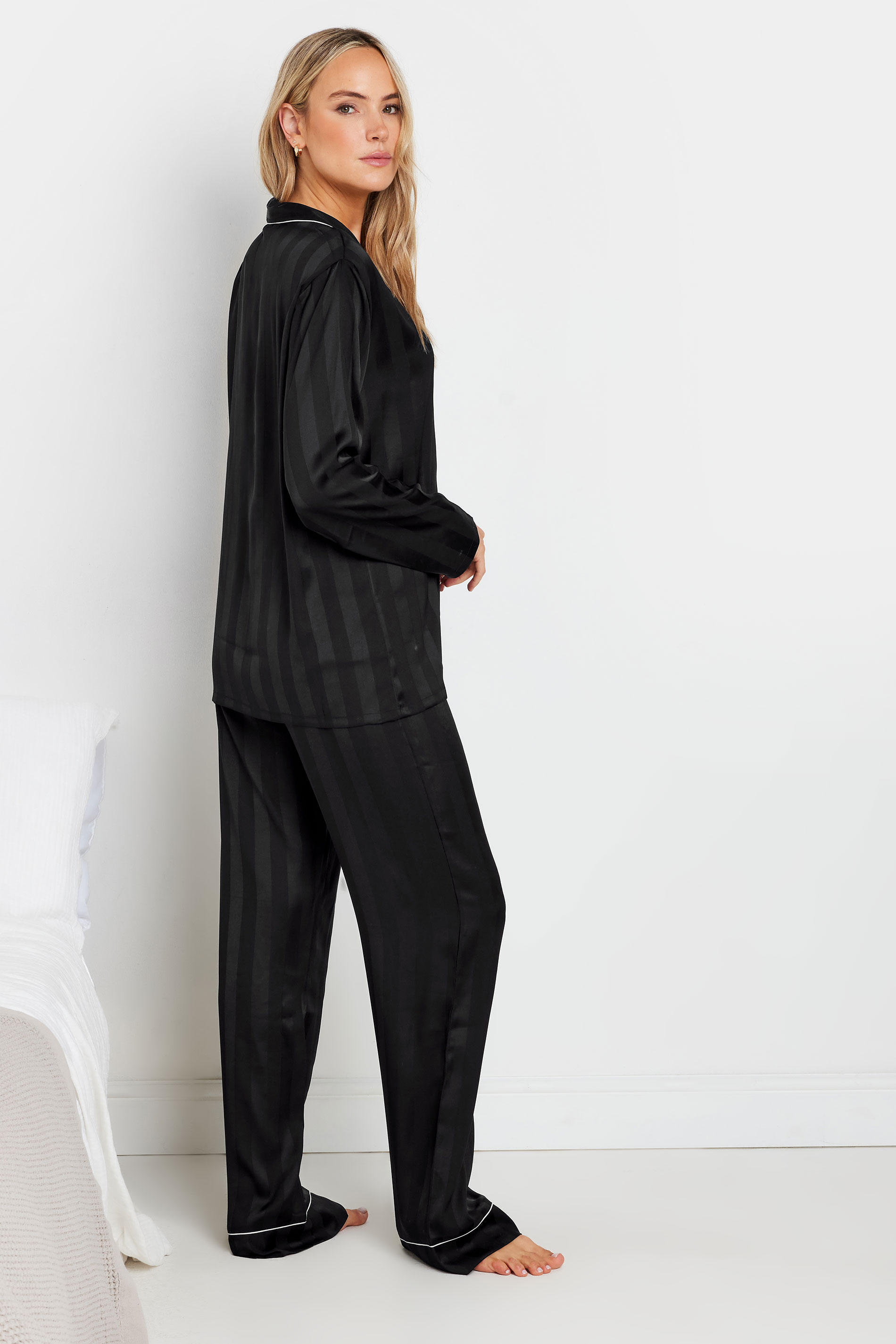 LTS Tall Black Satin Jacquard Stripe Pyjama Set | Long Tall Sally 4