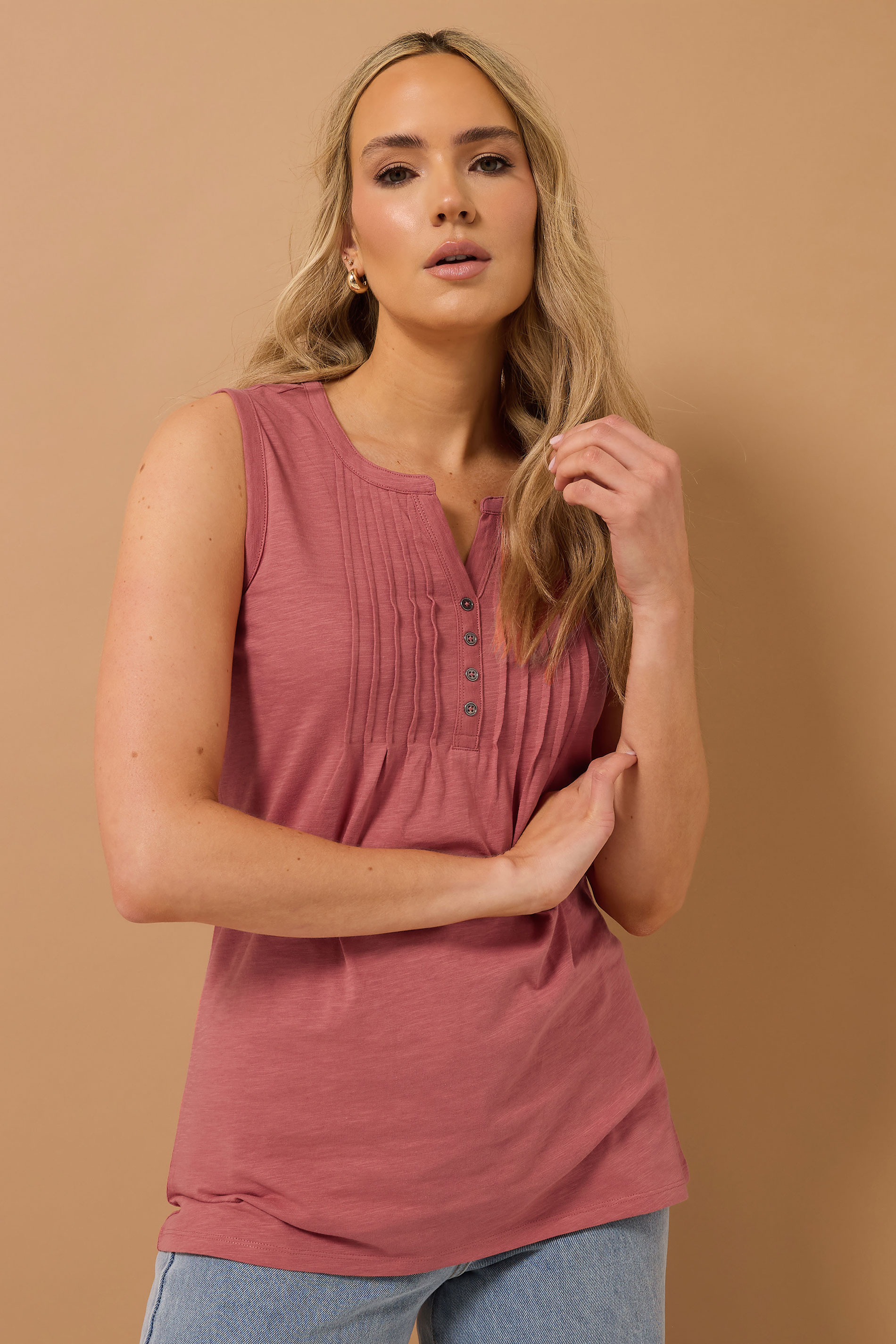 LTS Tall 2 PACK Coral Pink & White Henley Vest Tops | Long Tall Sally 3