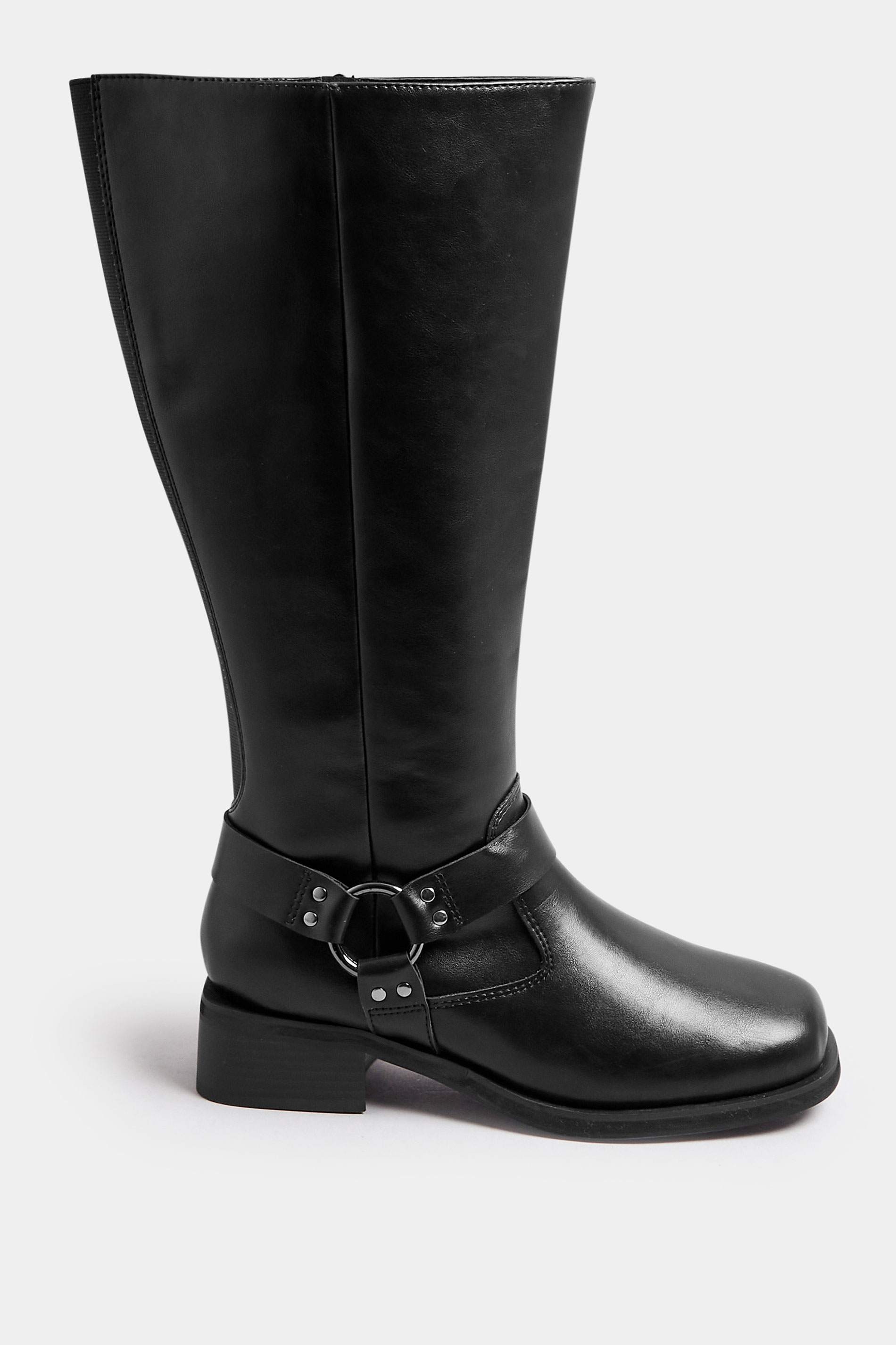 Black Harness Detail Knee High Biker Boots In Extra Wide EEE Fit | Yours Clothing 3