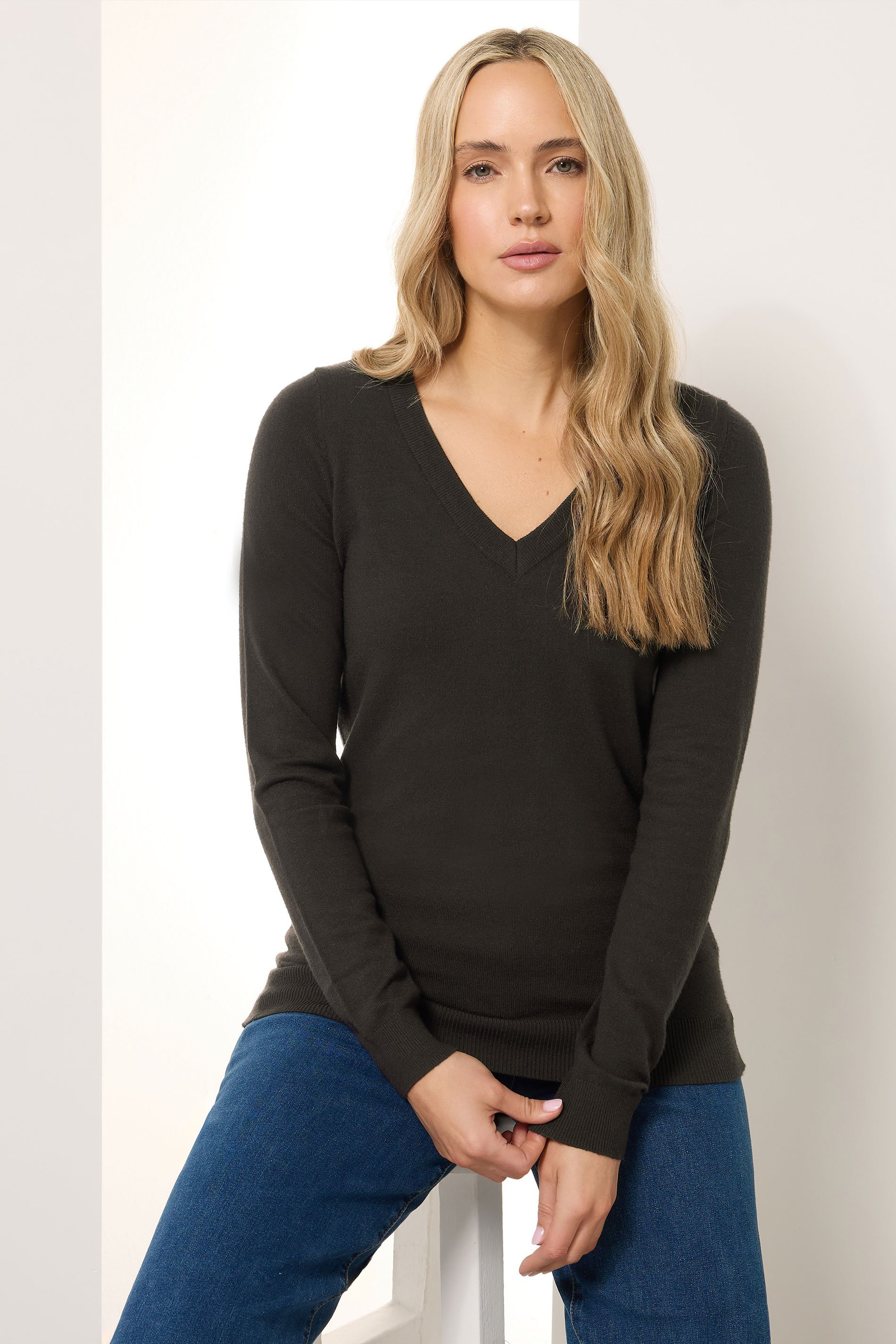 LTS Tall Chocolate Brown Knit V-Neck Jumper | Long Tall Sally 1