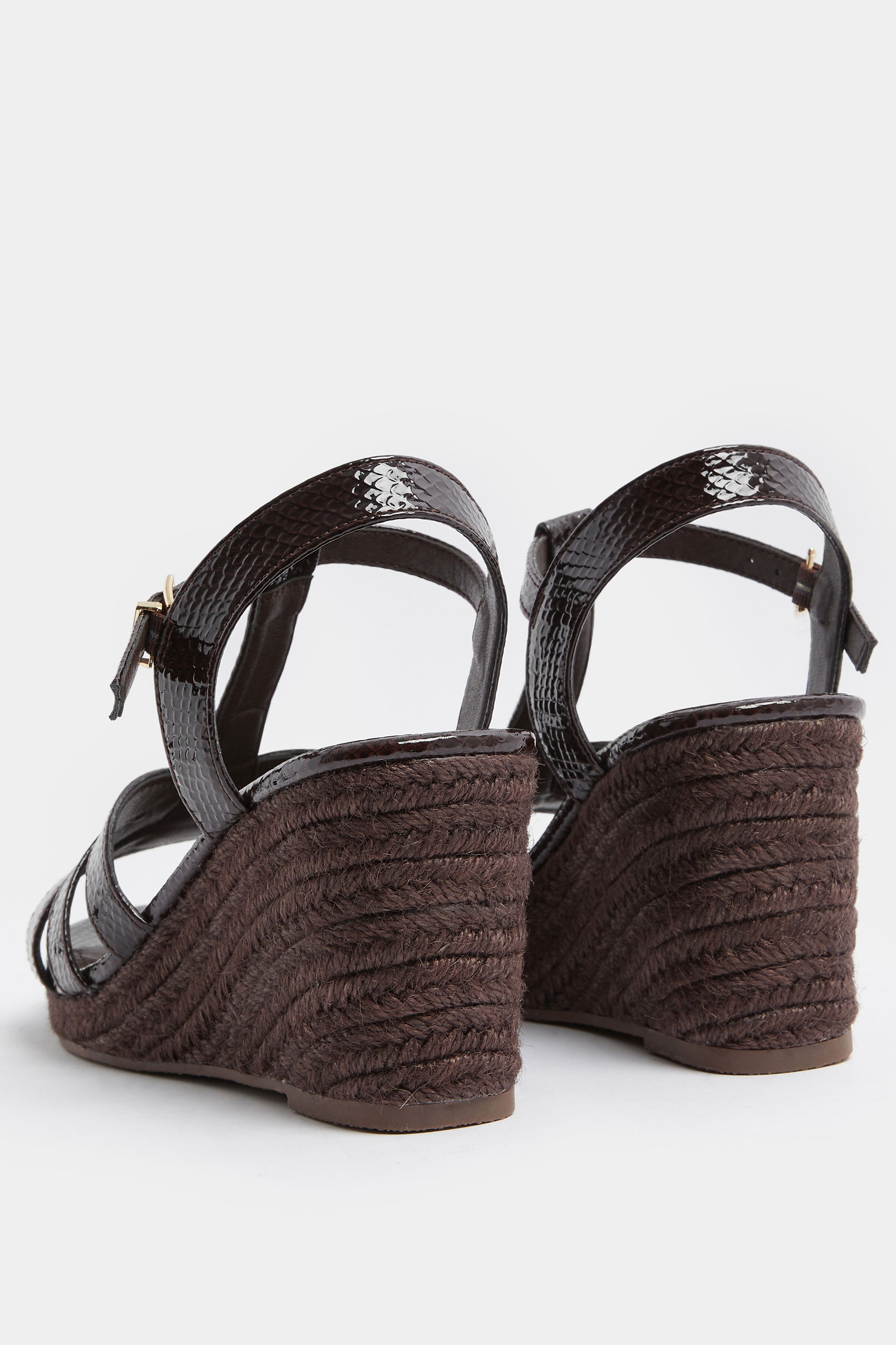 Chocolate Brown Faux Leather Patent T-Bar Wedge Sandals In Wide E Fit | Yours Clothing 5