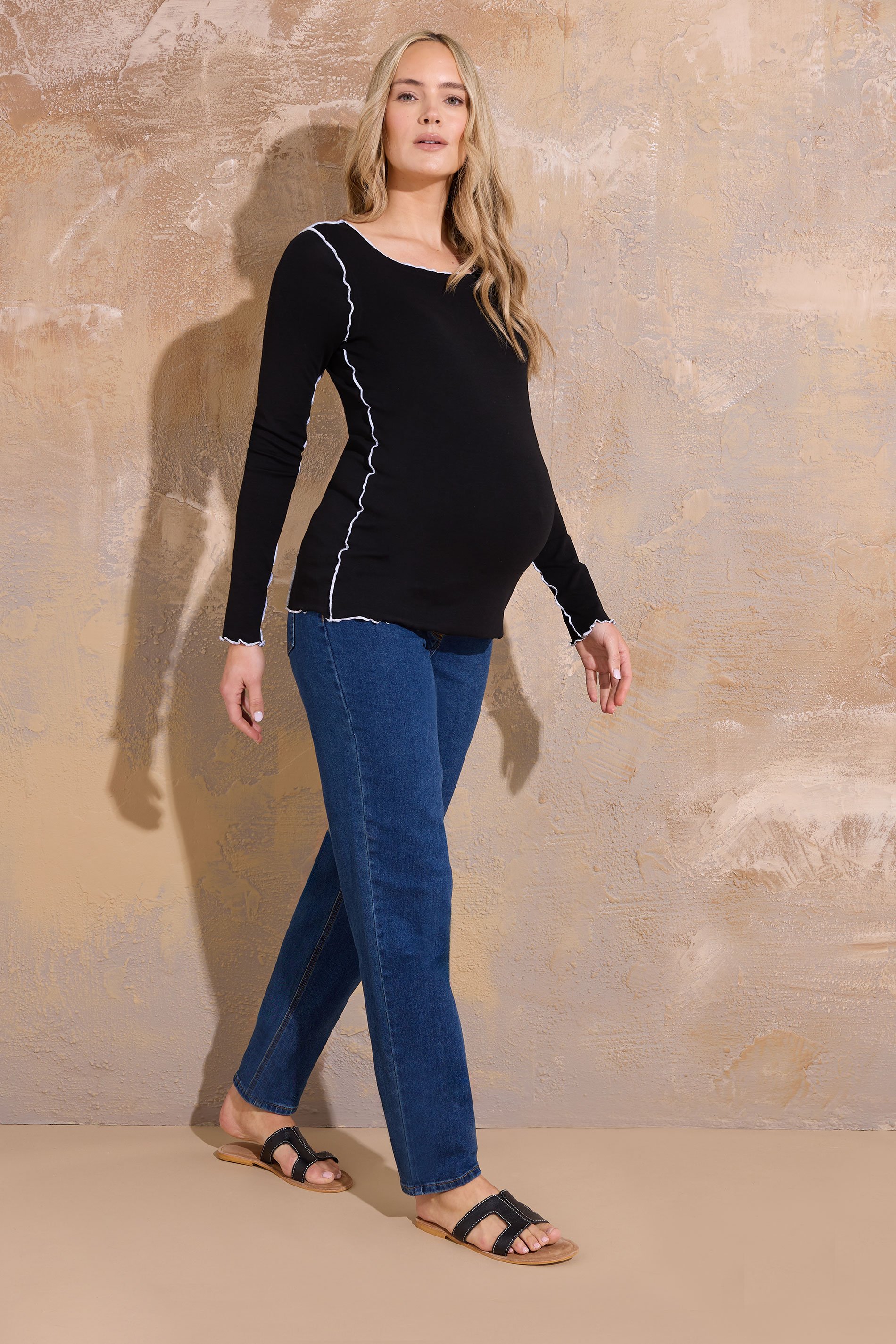 LTS Tall Maternity Black Contrast Stitch Ribbed Top | Long Tall Sally 2