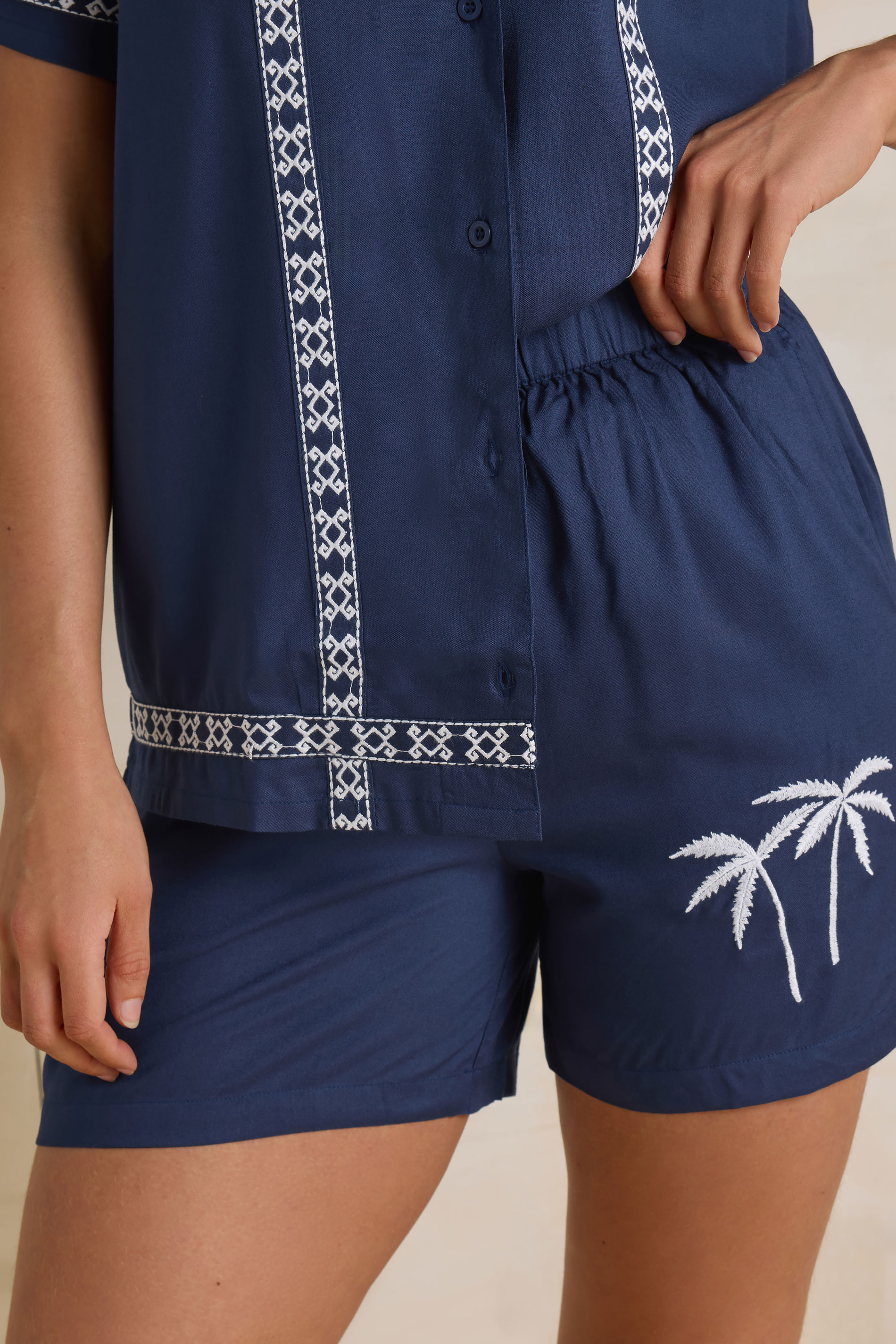 LTS Tall Navy Blue Embroidered Palm Tree Shorts | Long Tall Sally 5