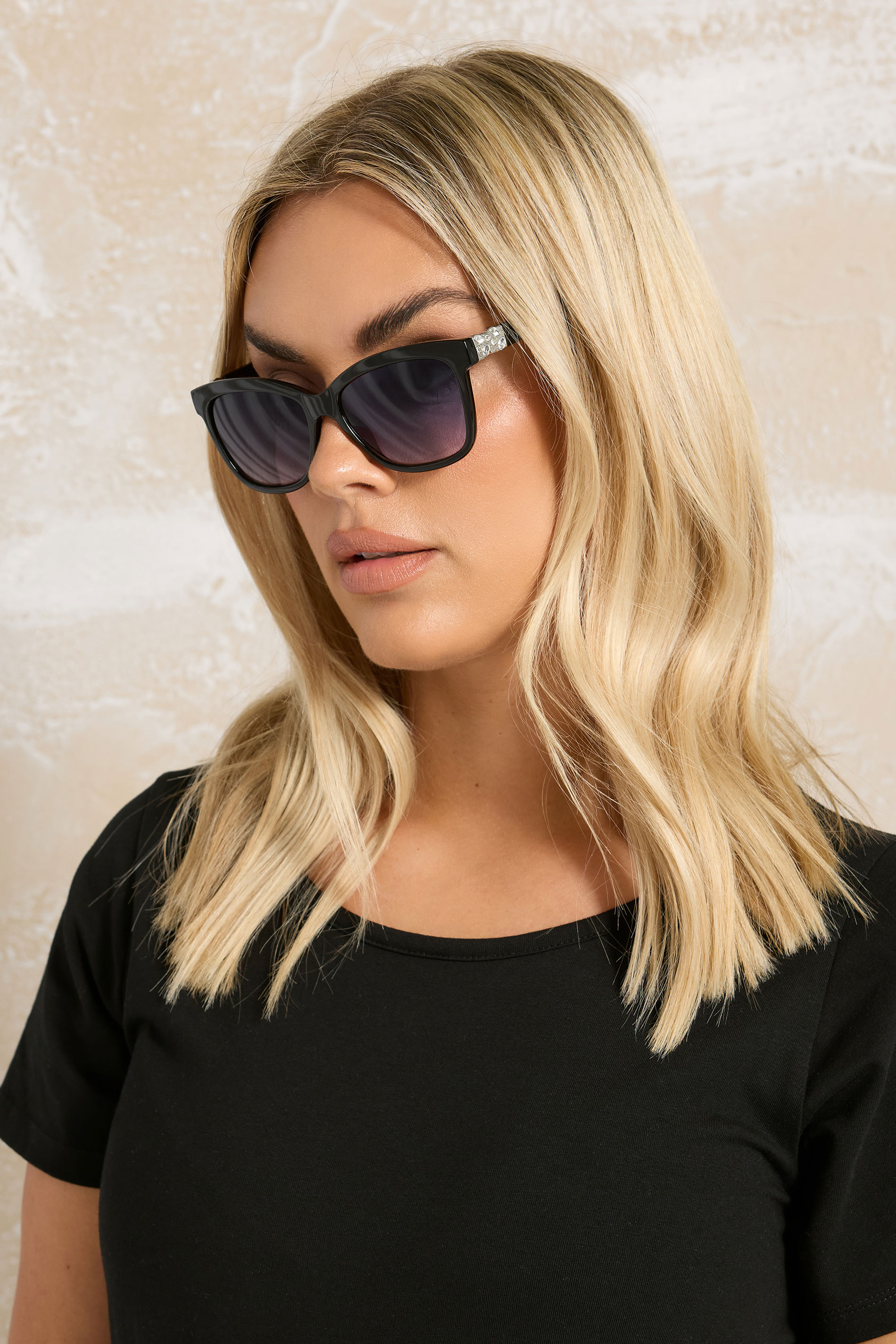 Black Diamante Arm Sunglasses | Yours Clothing 1