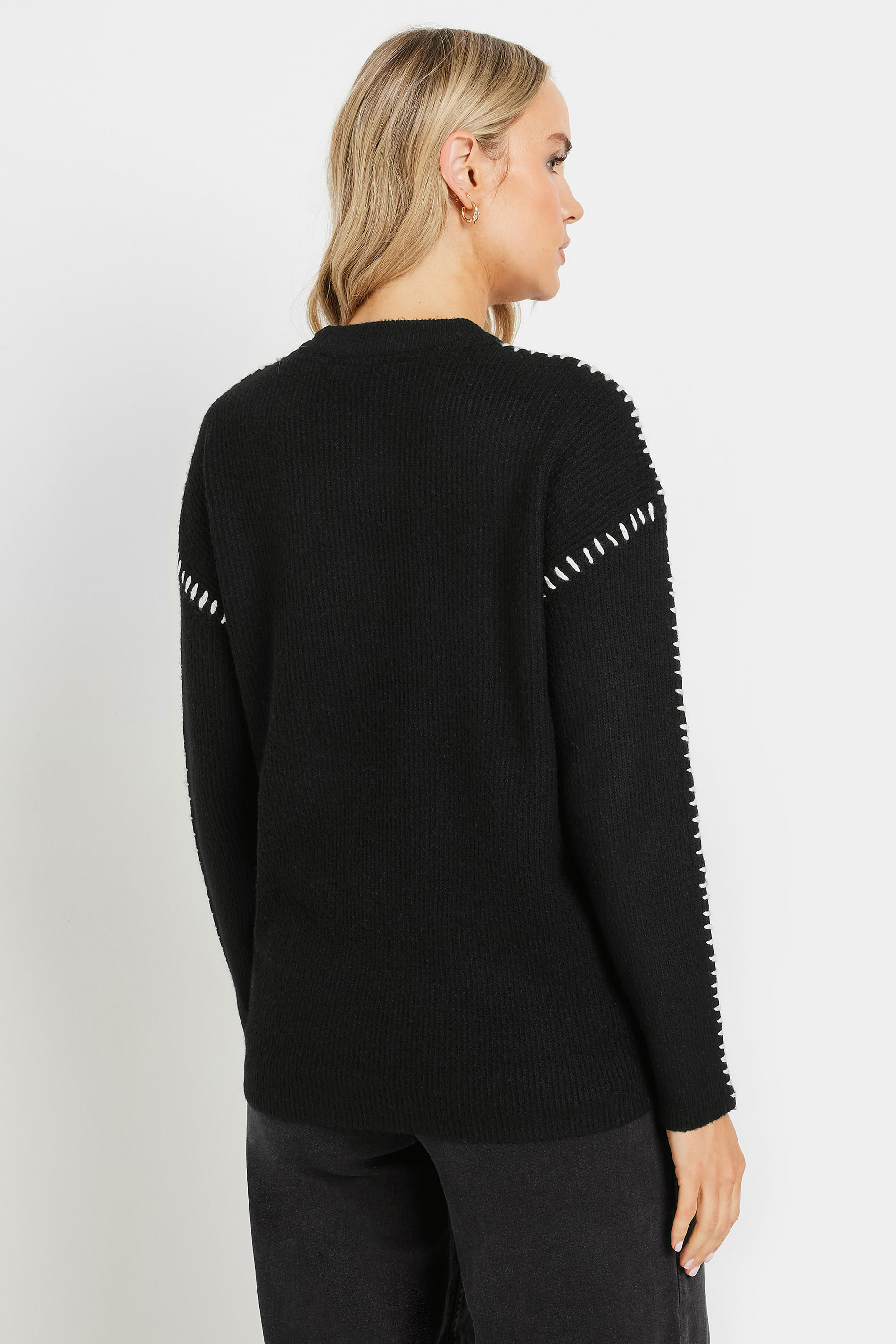 LTS Tall Black Knitted Contrast Stitch Jumper | Long Tall Sally 3