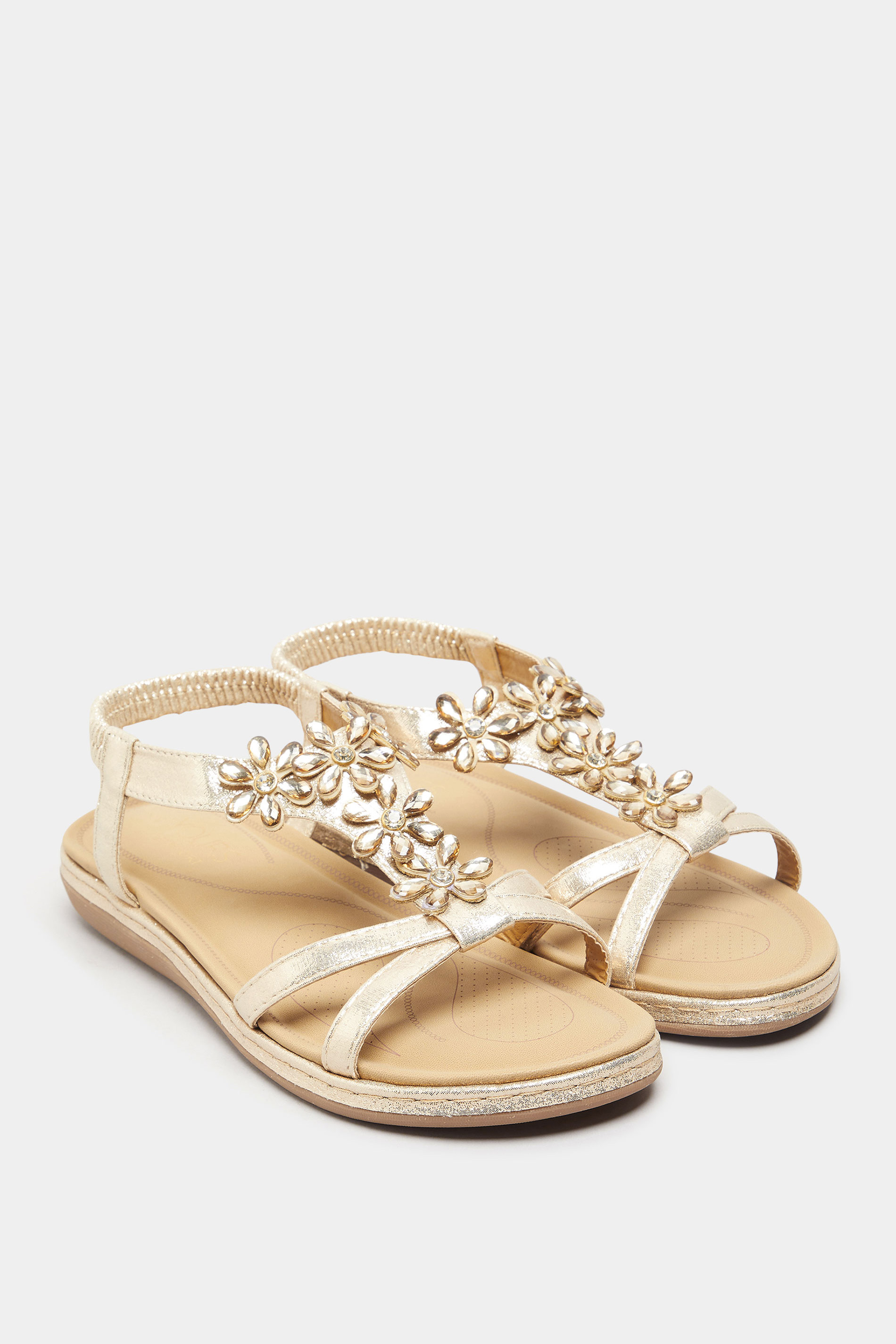 Gold Glitter Floral Diamante Studded Sandals In Wide E Fit & Extra Wide EEE Fit | Yours Clothing 2