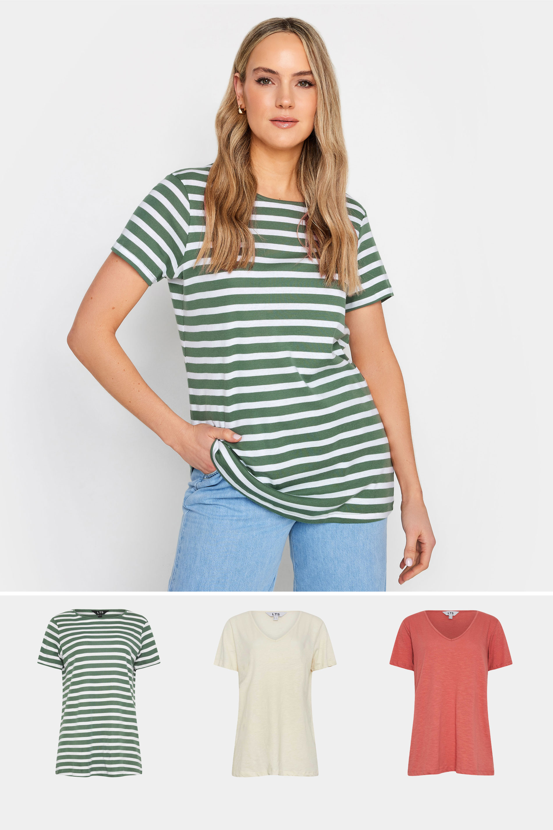 LTS Tall Womens 3 PACK Cream & Khaki Green Stripe Short Sleeve T-Shirts | Long Tall Sally 1