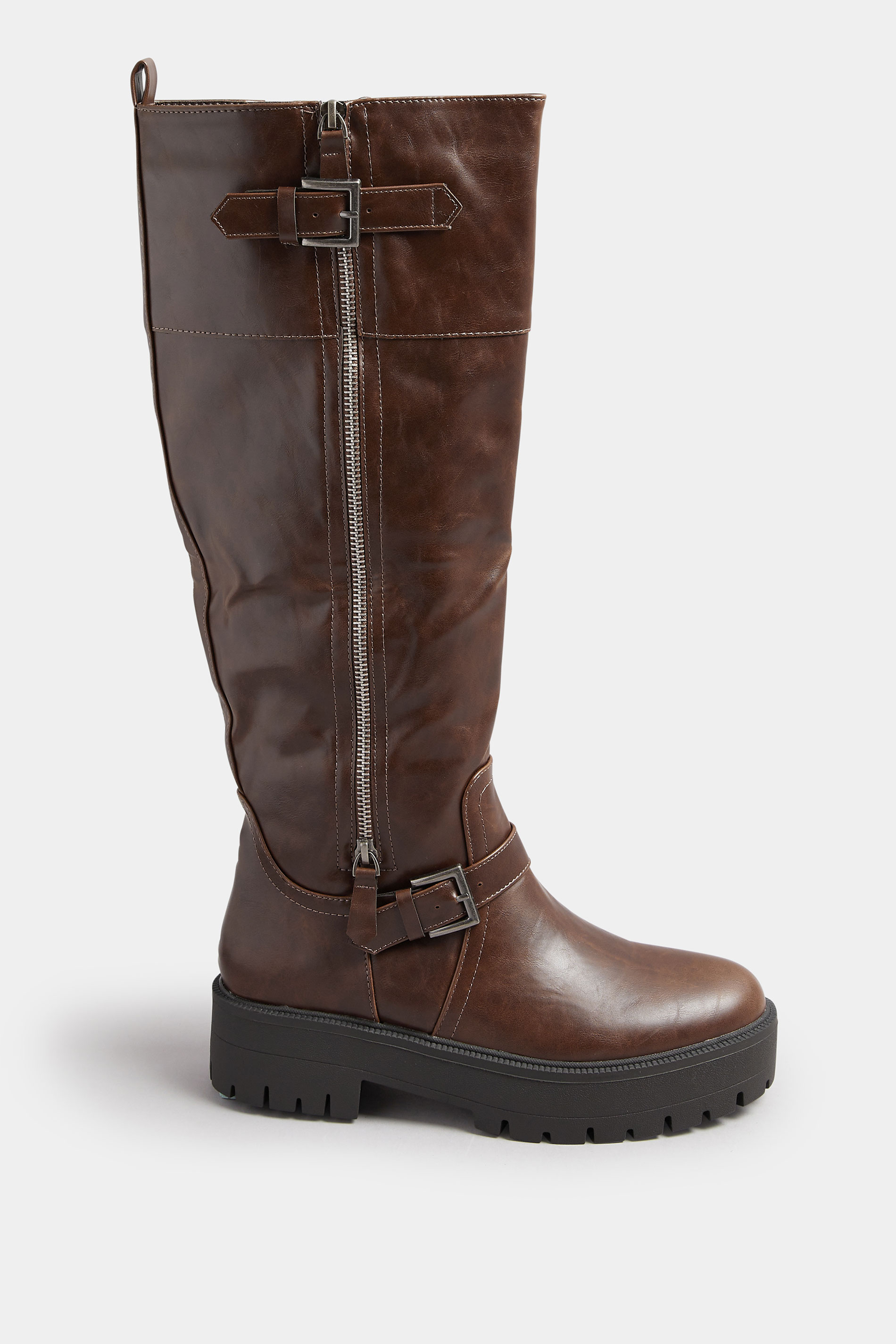 Brown Faux Leather Buckle Chunky Knee High Boots In Standard Fit | Yours Clothing 3