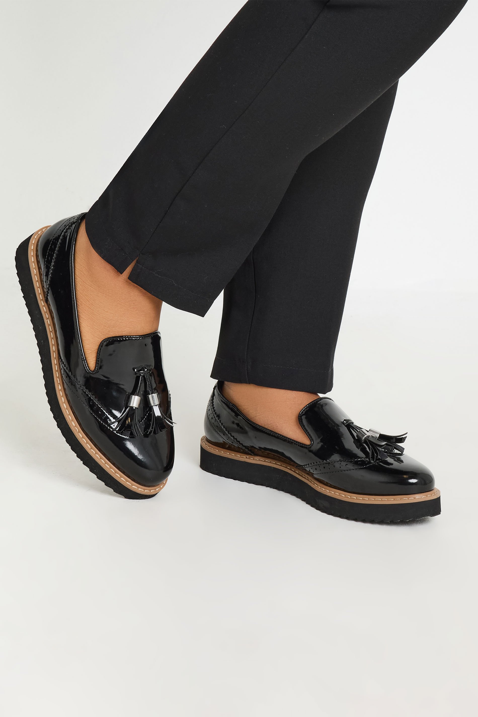 Black Brogued Patent Tassel Loafers In Extra Wide EEE Fit | Yours Clothing 1