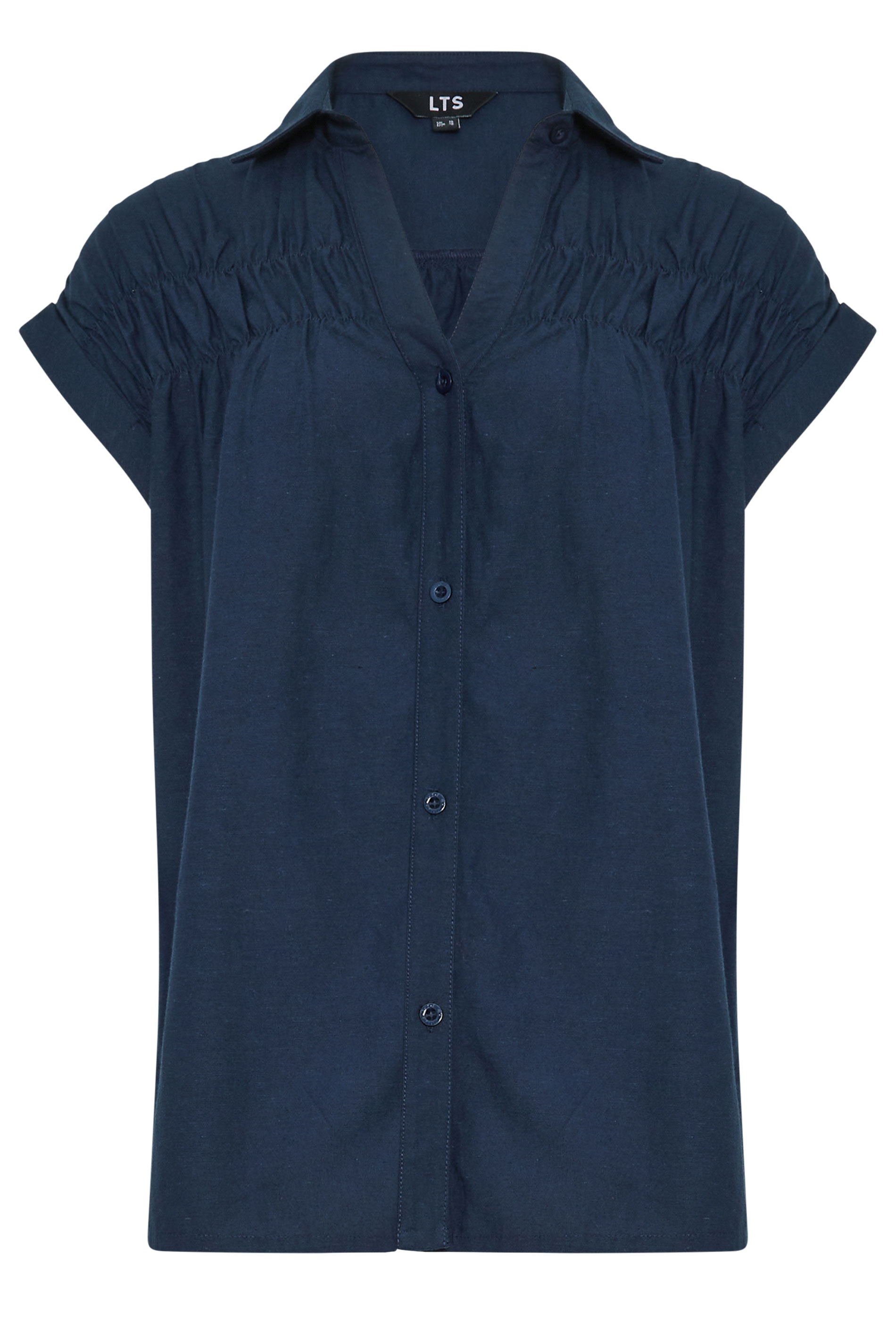 LTS Tall Women's Navy Blue Shirred Detail Linen Blouse | Long Tall Sally 5