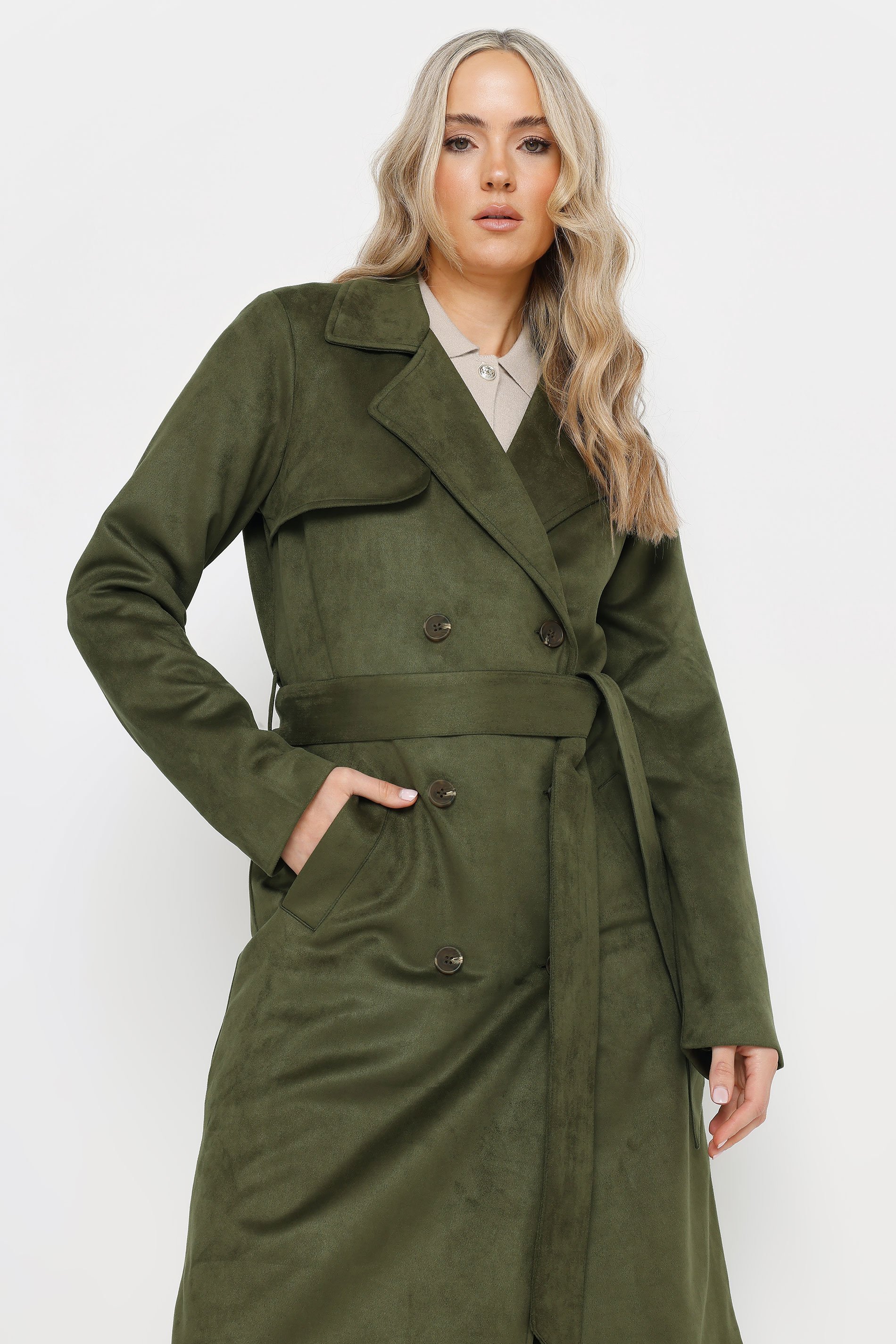 LTS Tall Khaki Green Faux Suede Midi Trench Coat | Long Tall Sally 4