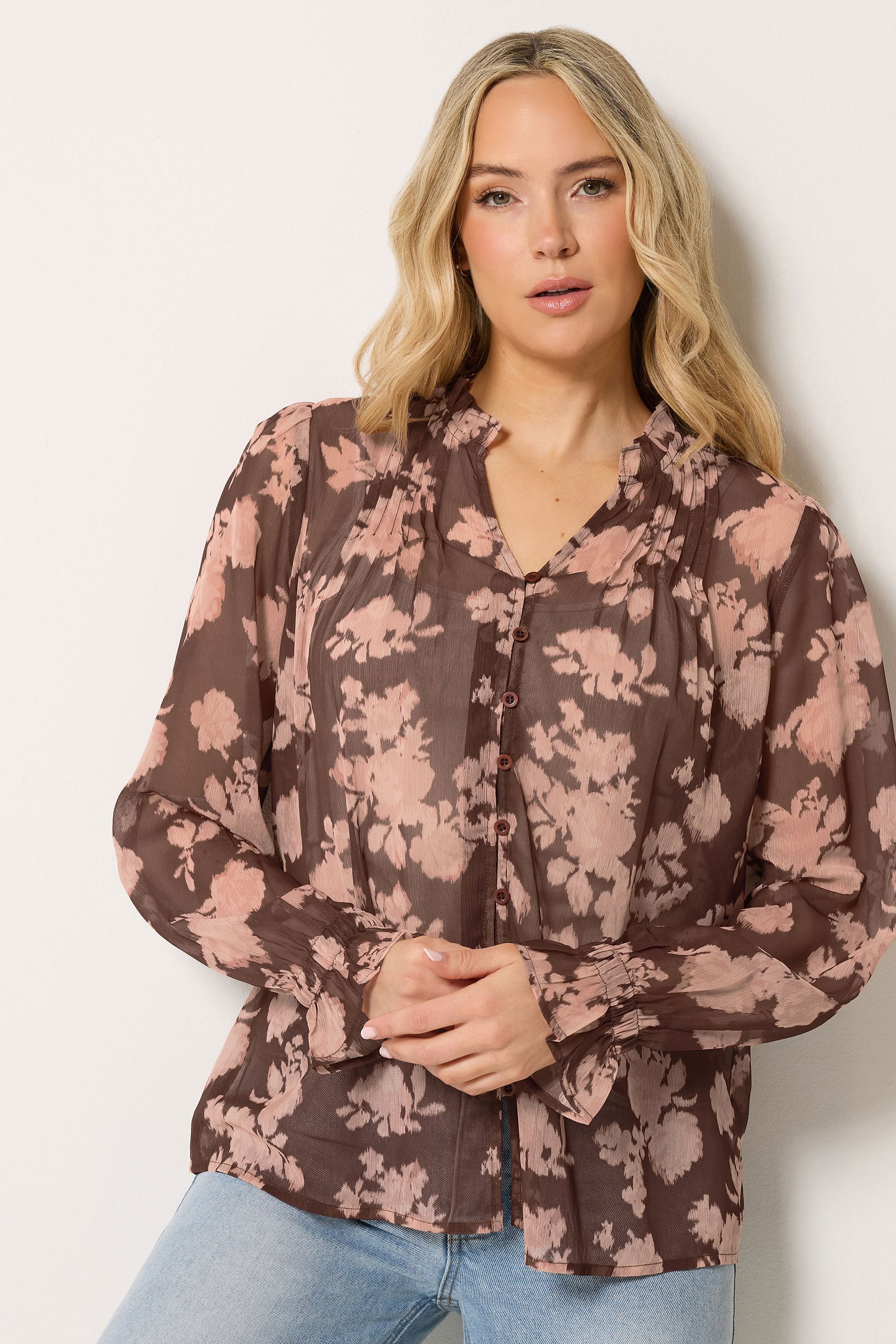 Lts Women's Brown Tall Abstract Floral Sheer Pintuck Blouse Size 22