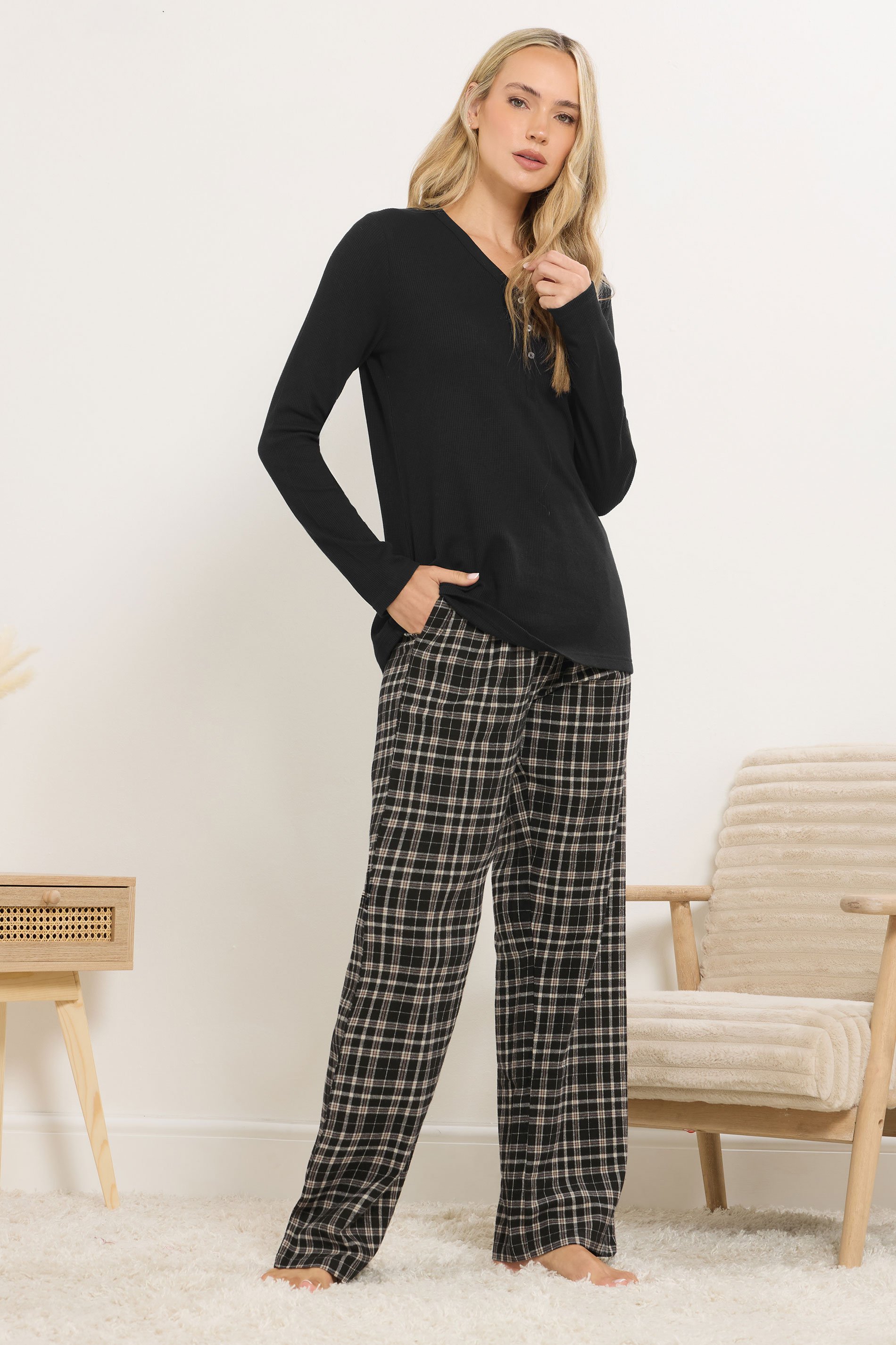 LTS Tall Black Cotton Check Pyjama Bottoms | Long Tall Sally 1