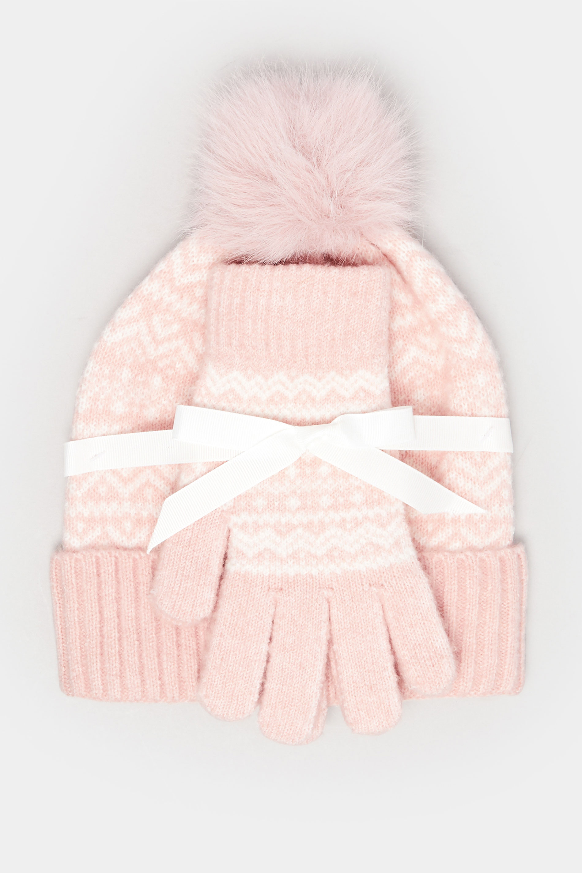 Pink Fairisle Bobble Hat & Glove Set | Yours Clothing  2
