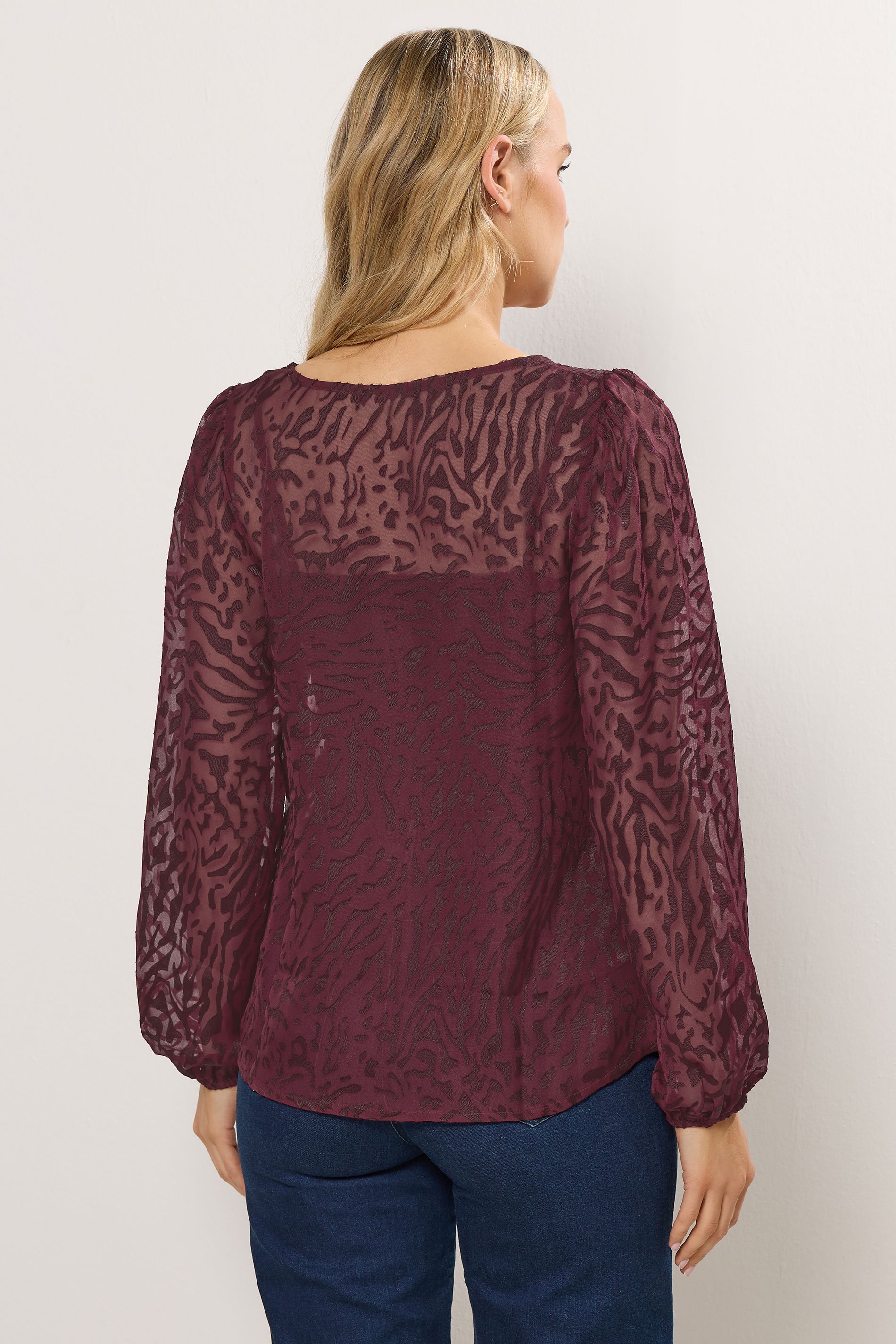 LTS Tall Burgundy Red Animal Burnout Tie Blouse | Long Tall Sally 3