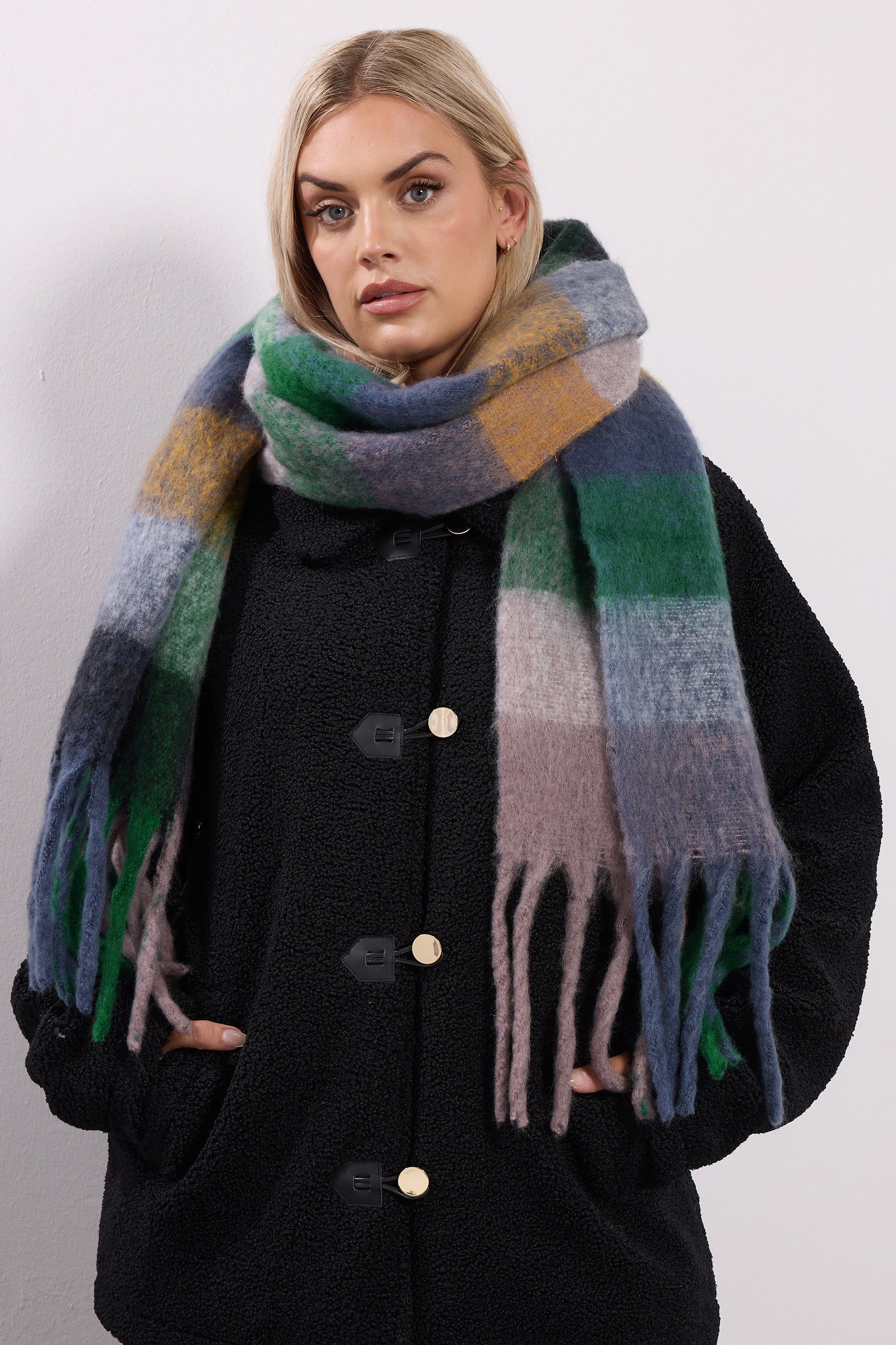 Teal Green Checked Soft Touch Scarf | Yours Clothing 1